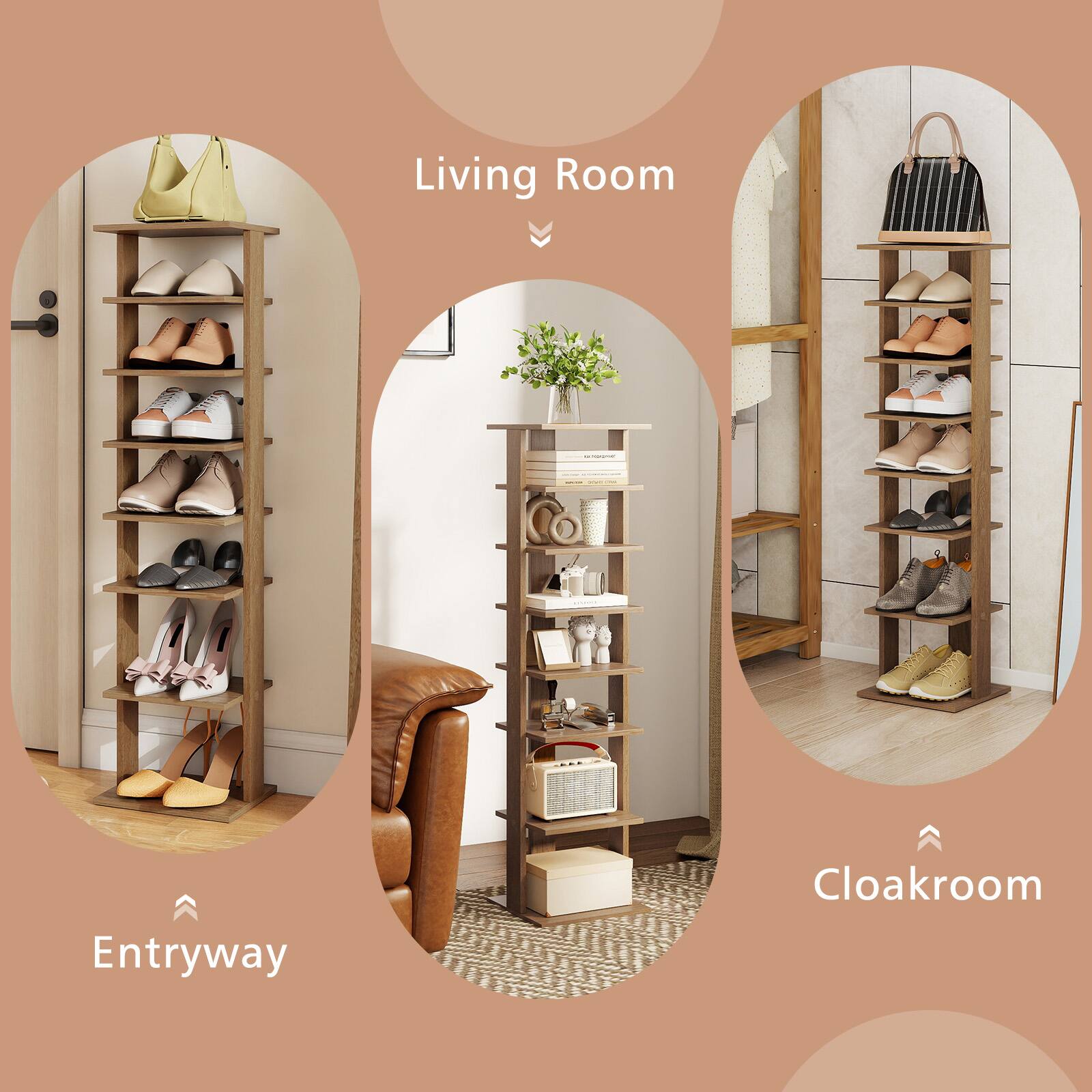 Gymax 7 Tier Wooden Shoe Rack Narrow Vertical Shoe Stand Storage