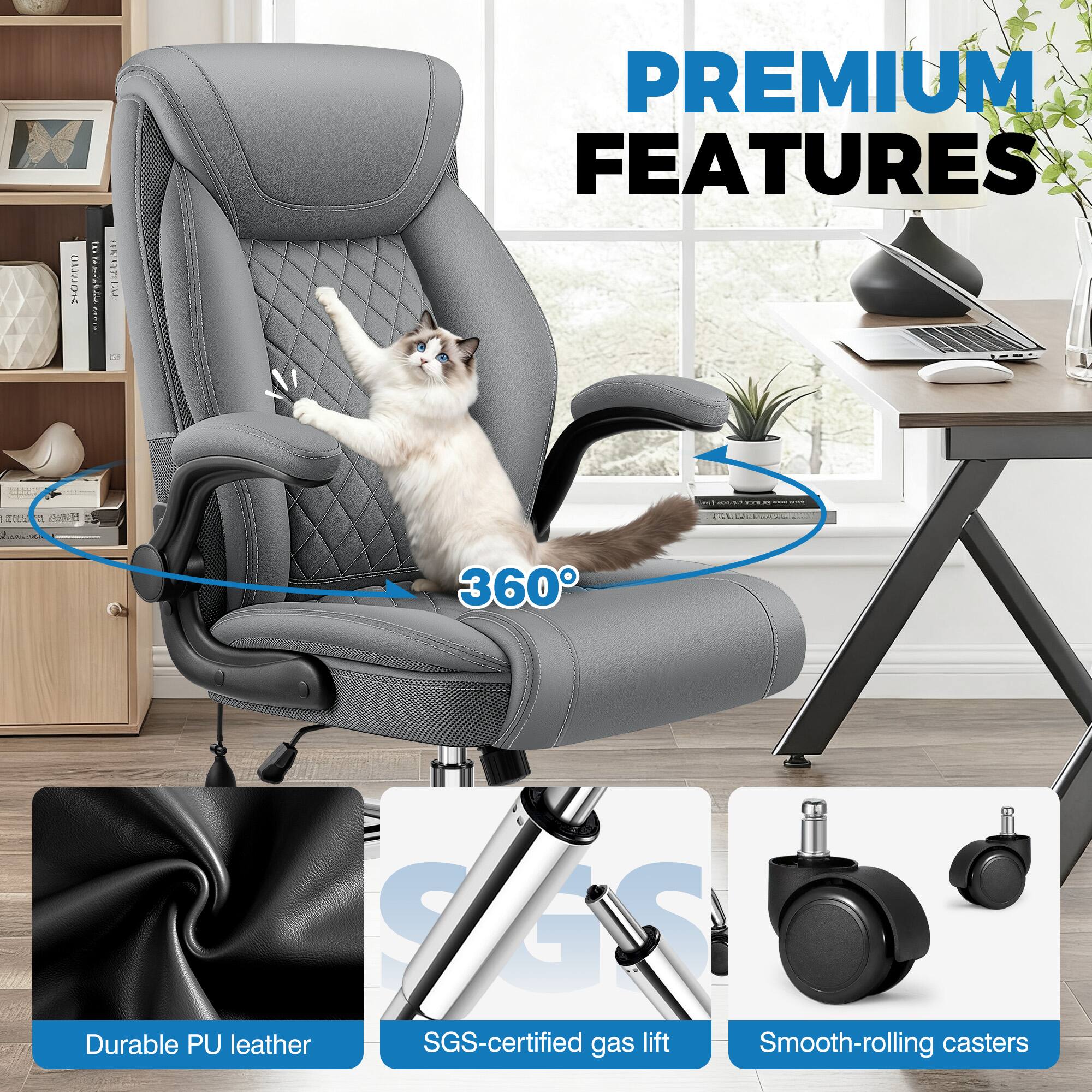 PREMIUM FEATURES

- 360°
- Durable PU leather
- SGS-certified gas lift
- Smooth-rolling casters