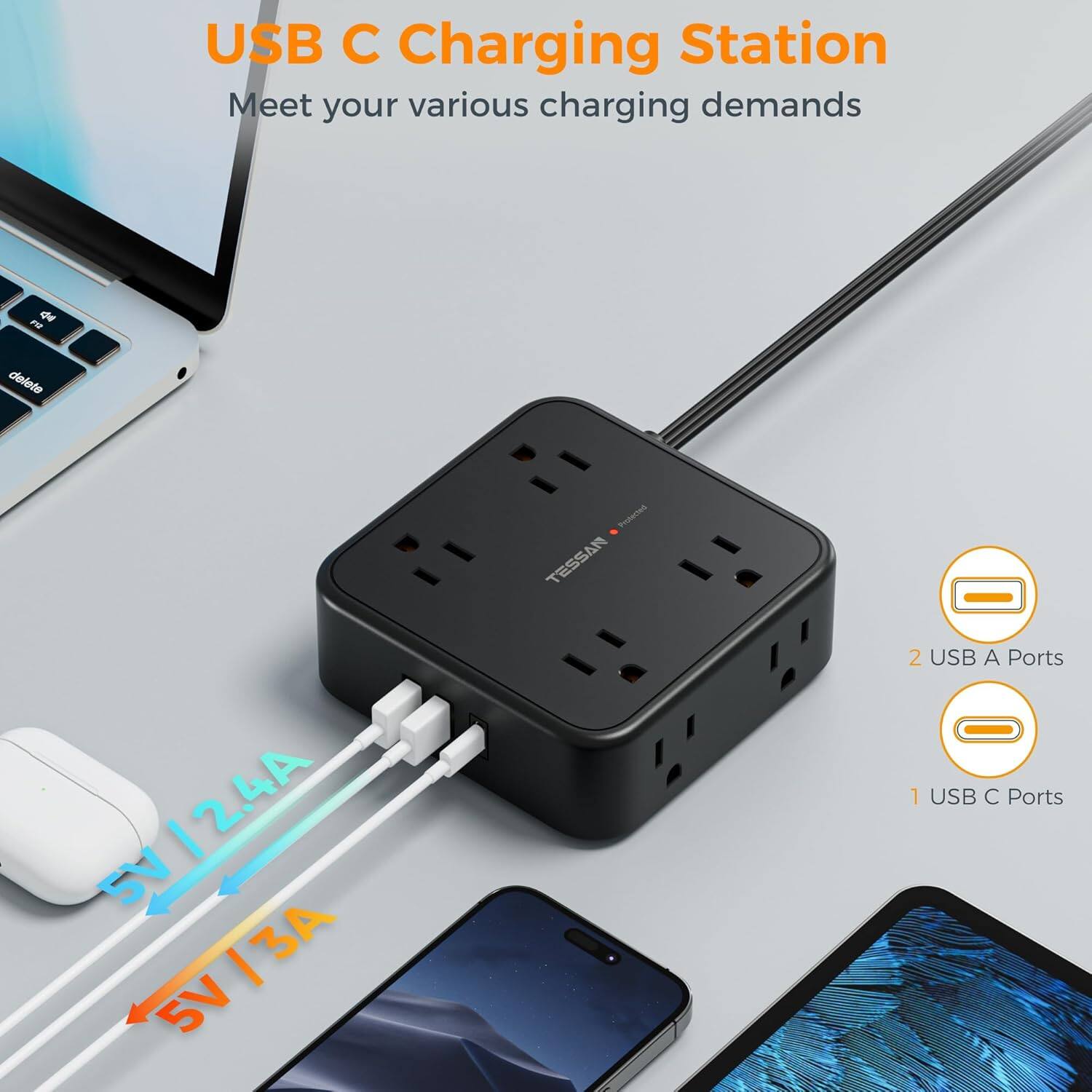 USB C Charging Station  
Meet your various charging demands  

TESSAN  
5V/2.4A  
5V/3A  

2 USB A Ports  
1 USB C Ports