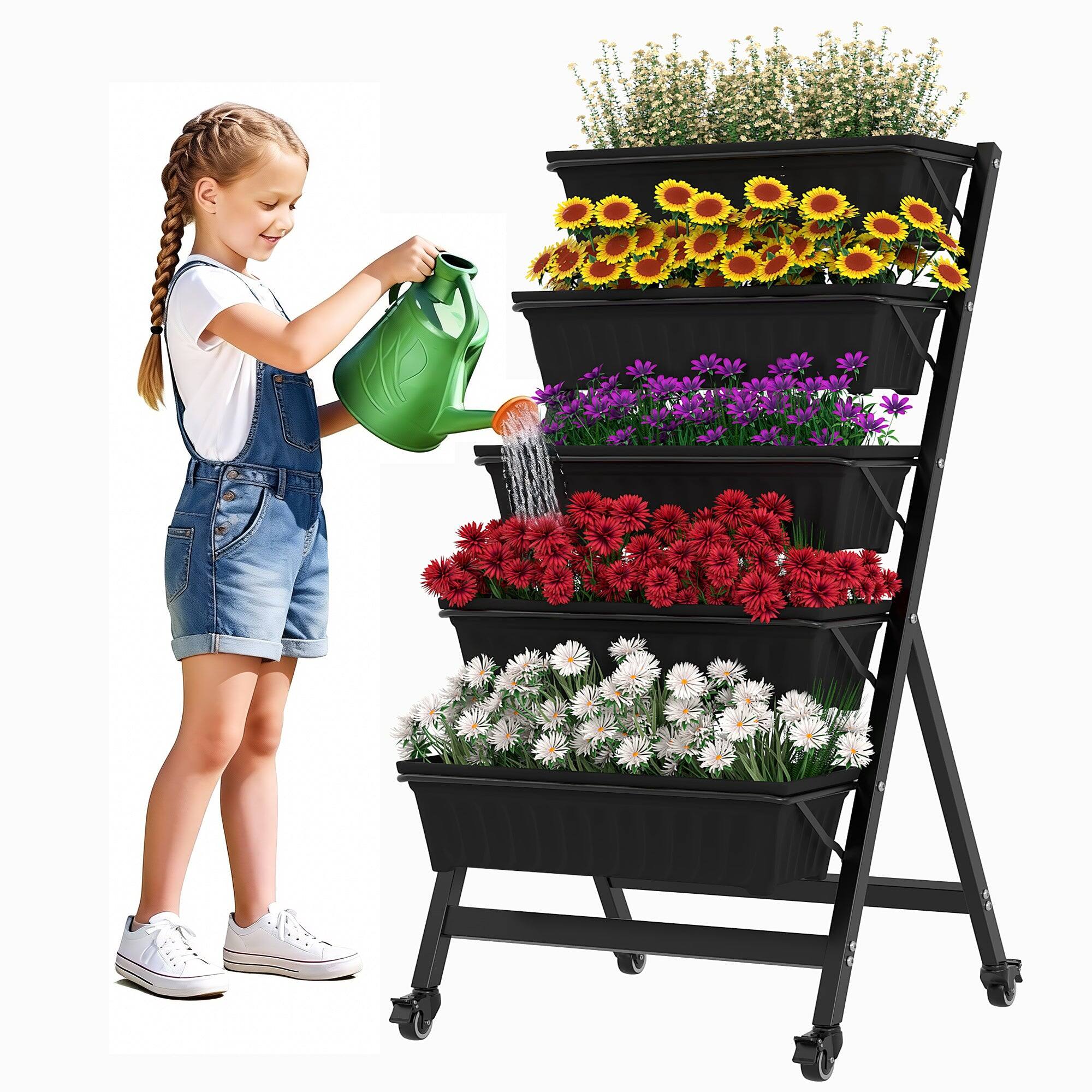 Front. Vecelo - 5 Tier Metal Plant Stand with Wheels, Rolling Plant Rack with Trays for Indoor Plants.