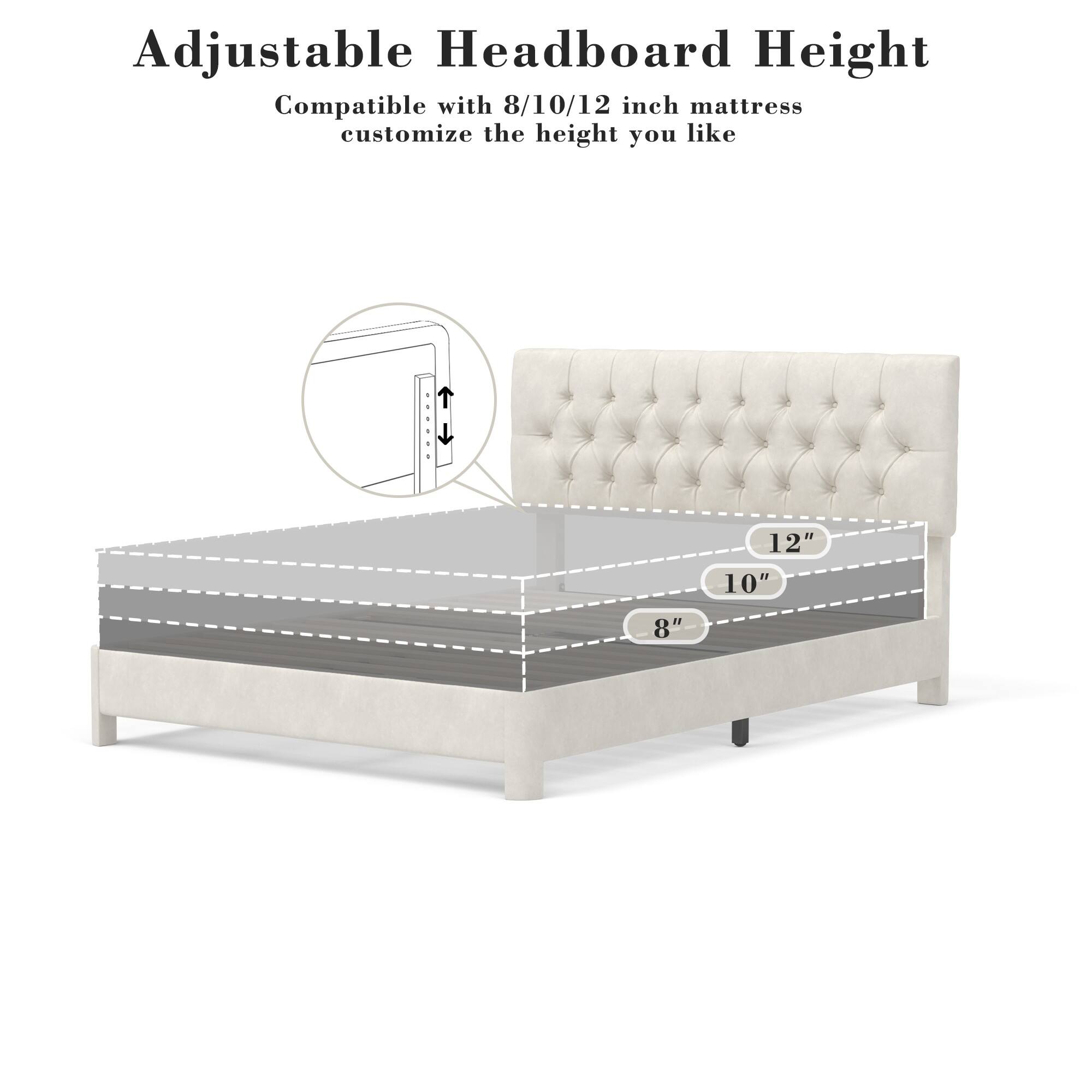 Adjustable Headboard Height  
Compatible with 8/10/12 inch mattress  
customize the height you like  

12"  
10"  
8"