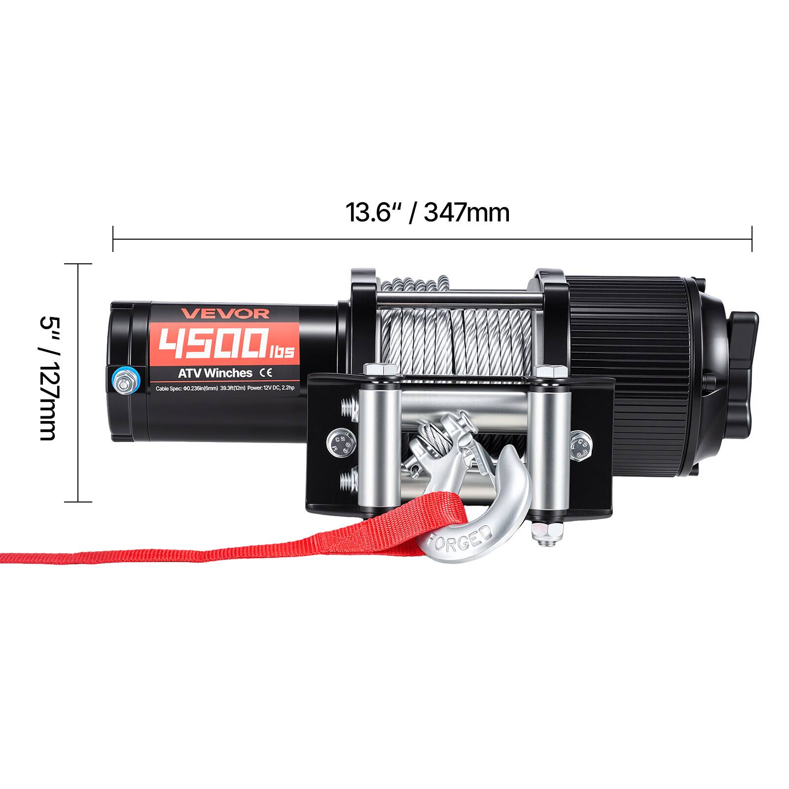 13.6" / 347mm  
5" / 127mm  
VEVOR 4500 lbs  
ATV Winches CE  
FORGED