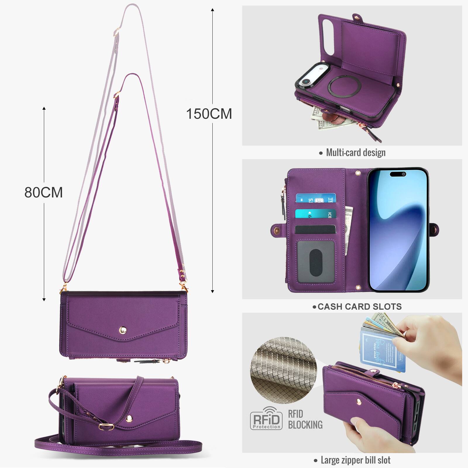 150CM Multi-card design  
80CM A. 1g 5 CASH CARD SLOTS RFID RFiD Protection BLOCKING Large zipper bill slot