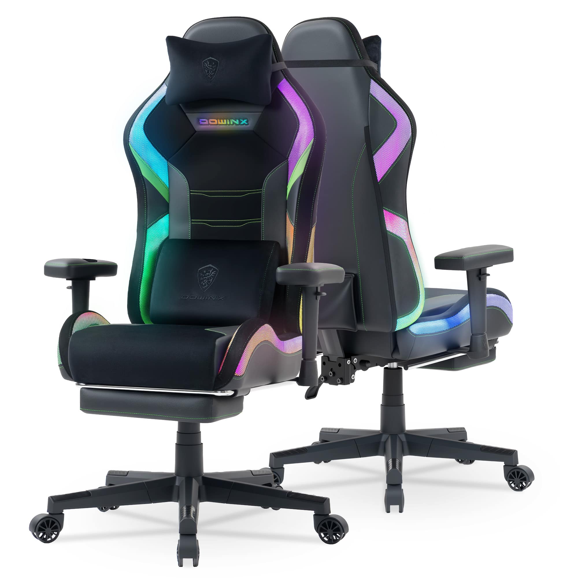 Dowinx - LED Gaming Chair with Lumbar Support for Big and Tall, 3D Adjustable Armrests&Headrest, RGB Game Chair Fabric - Black Green