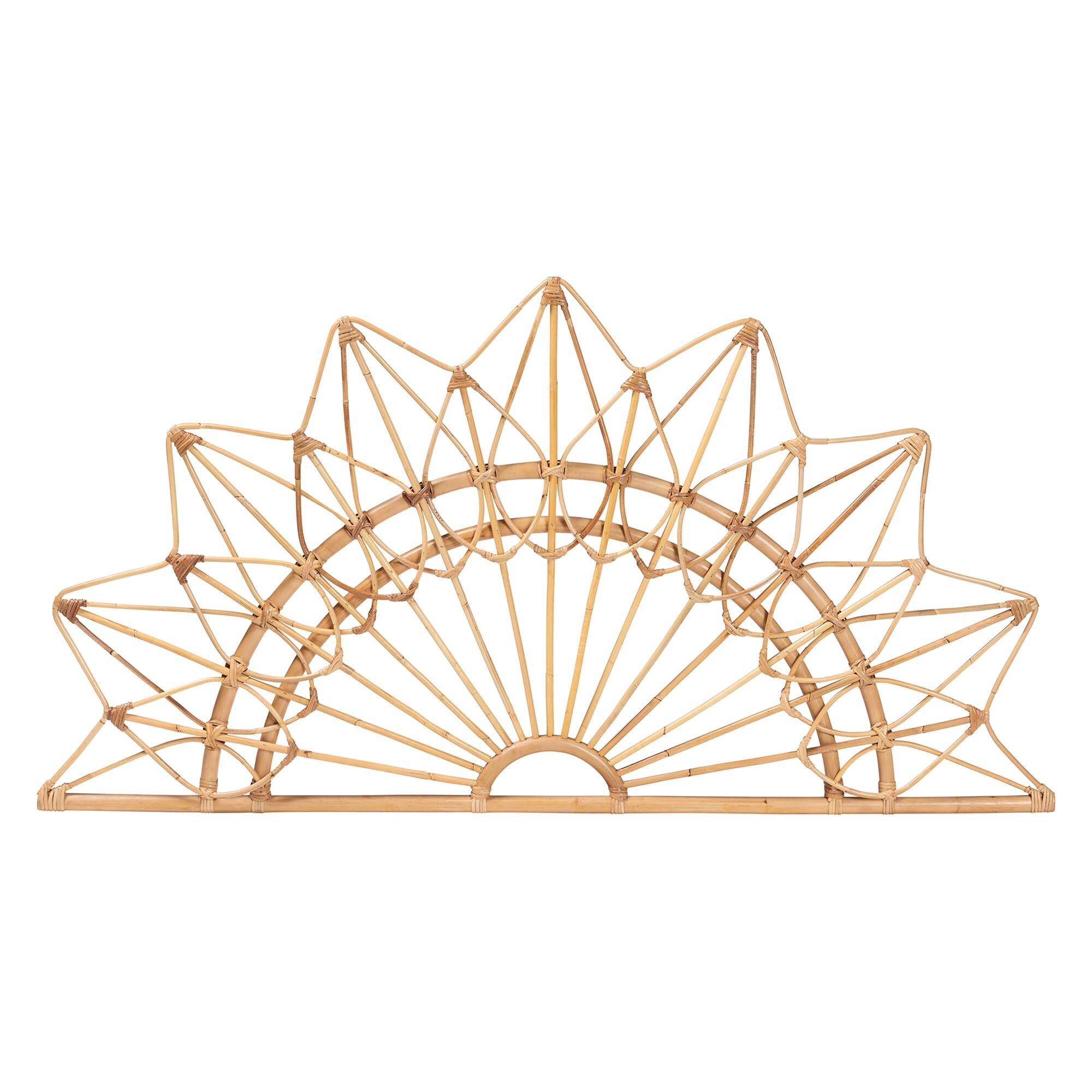 Angle. bali & pari - Solara Natural Rattan Headboard - Handwoven Wicker Wall-Mount Headboard in Sunburst Shape, Coastal Boho Bedroom, Queen - Natural Brown.
