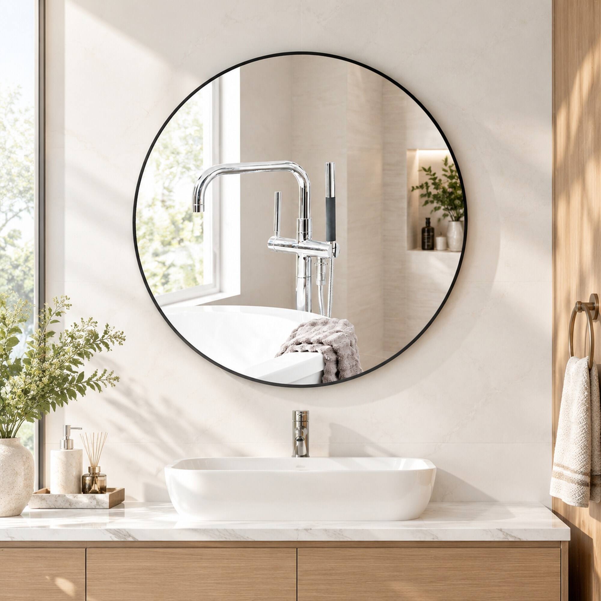 Angle. RYHNUYNE - 42 Inch Round Wall Mirror, Black Metal Frame, Circular Vanity Mirror for Bathroom, Living Room and Bedroom Decor - Black.