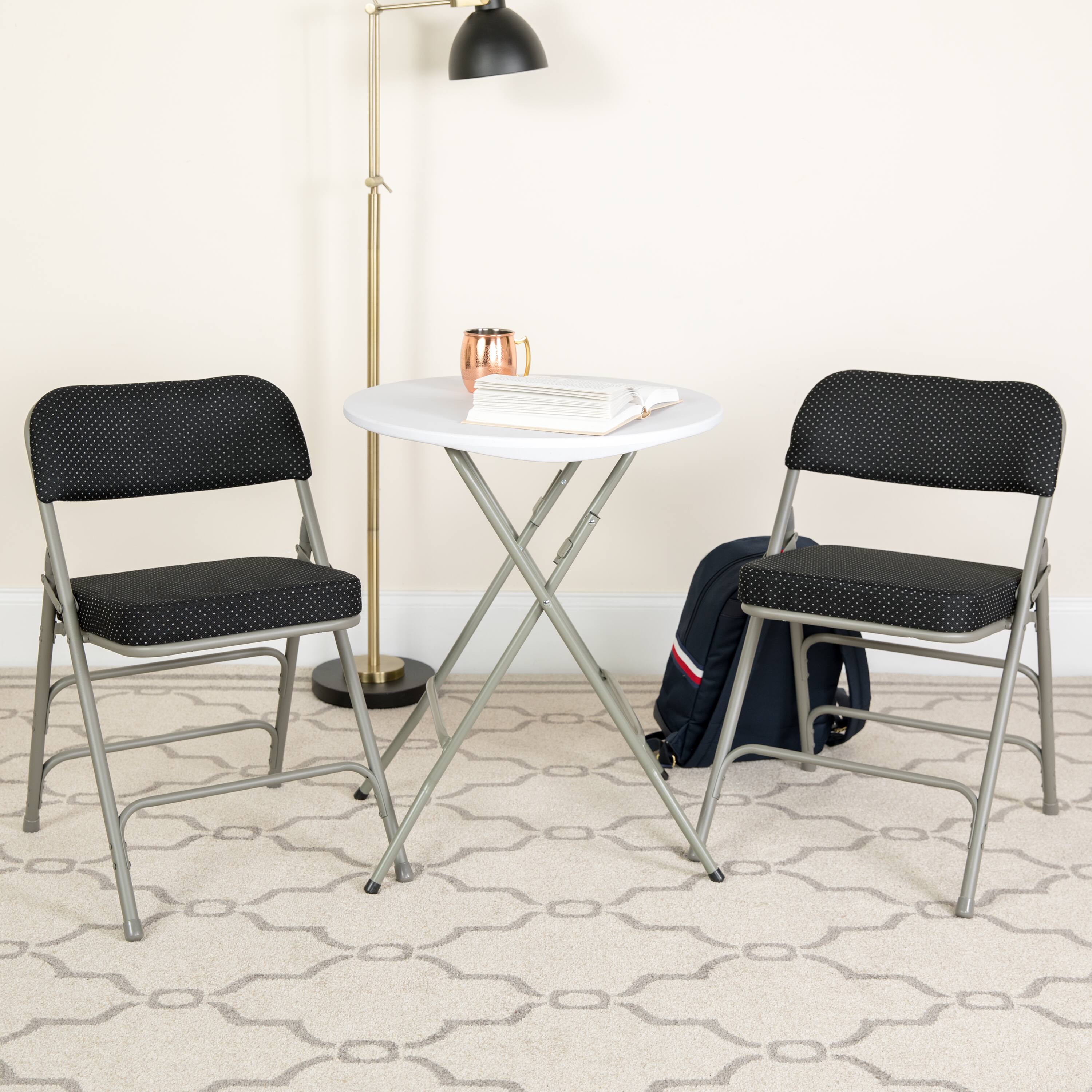 Alt View 2. Emma + Oliver - 2 Pack Premium Curved Triple Braced & Hinged Fabric Upholstered Metal Folding Chair - Black.