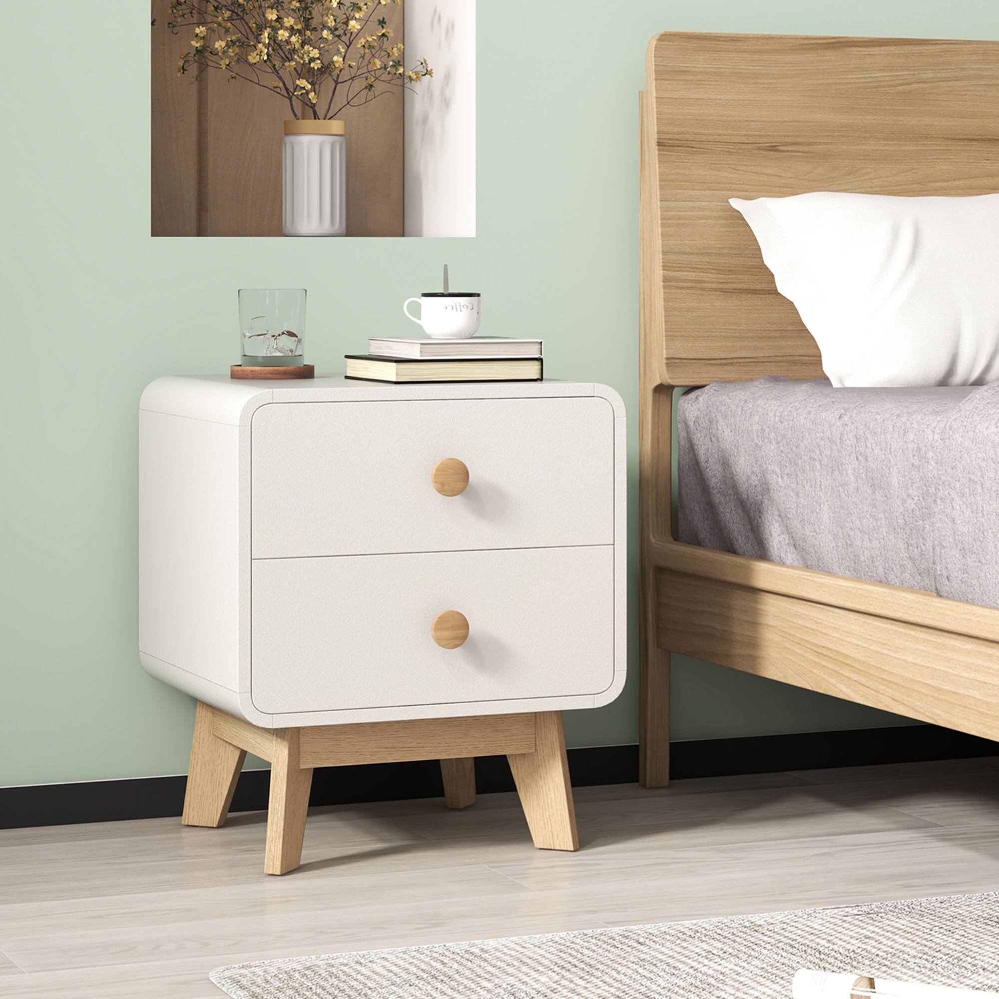 Alt View 3. Costway - Costway 2 PCS Nightstand Mid Century Modern Bedside Table with 2 Drawers Solid Rubber Wood Legs - White.