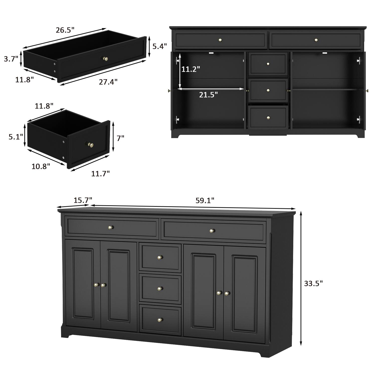 The text on the image is as follows:

- 26.5"
- 5.4"
- 3.7"
- 11.8"
- 11.8"
- 27.4"
- 11.2"
- 21.5"
- 5.1"
- 7"
- 10.8"
- 11.7"
- 15.7"
- 59.1"
- 33.5"