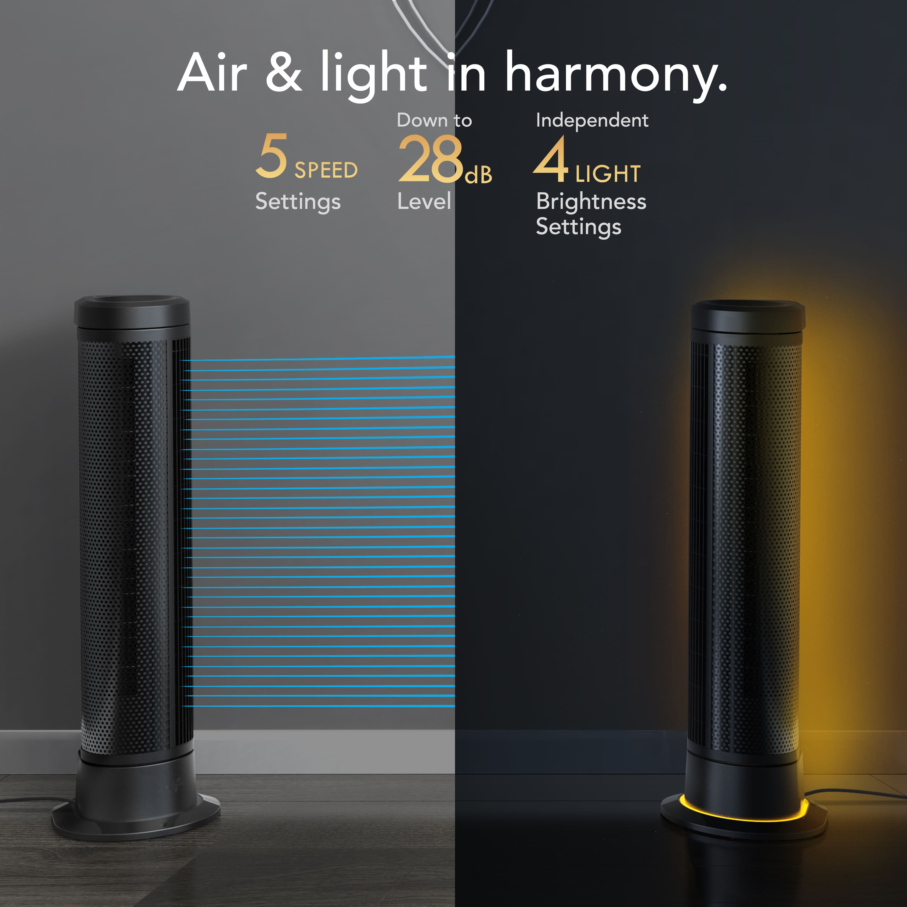 Air & Light in Harmony. 5 Speed 28dB Down to Independent 4 Light Settings Level Brightness Settings.