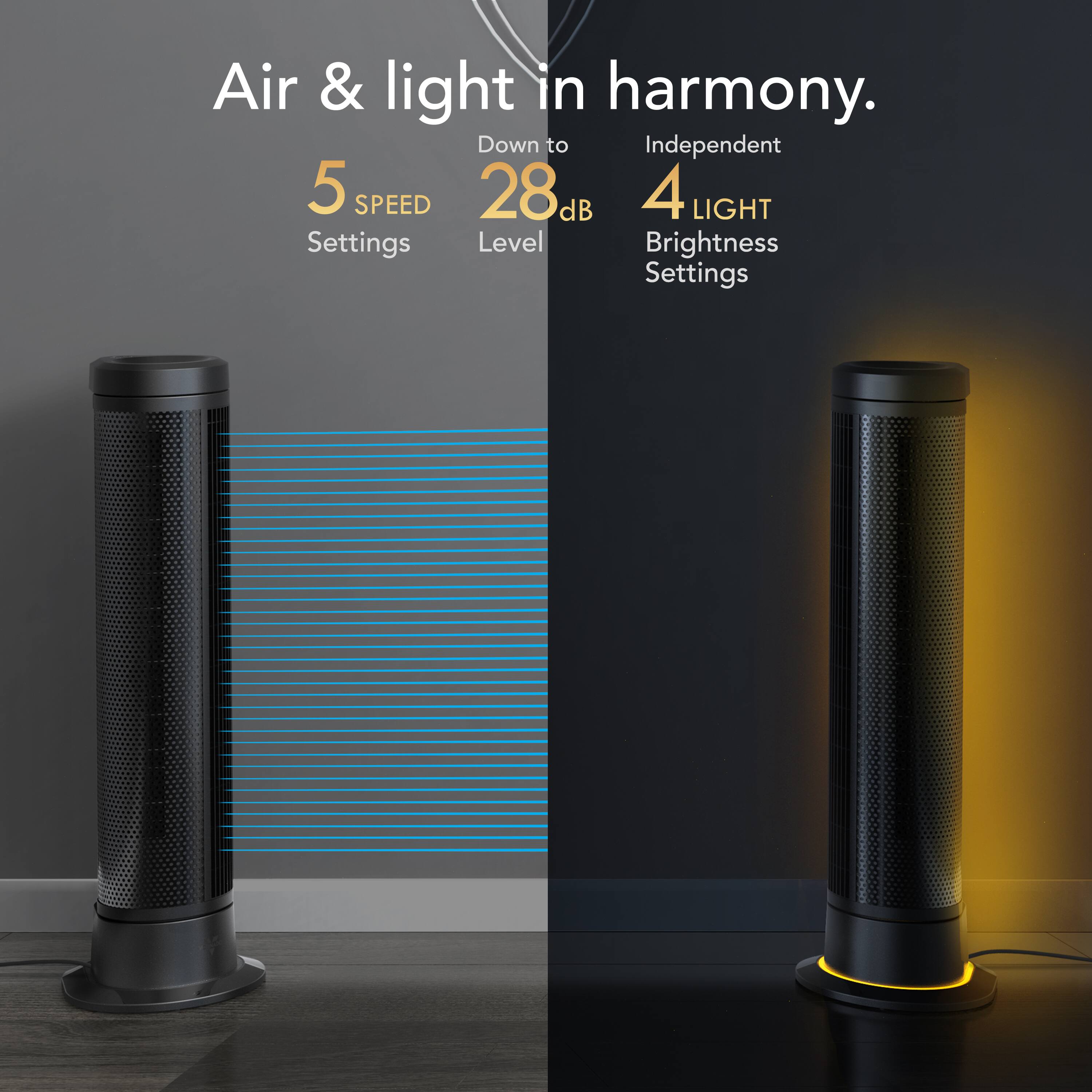 Air & Light in Harmony. 5 Speed 28dB Down to Independent 4 Light Settings Level Brightness Settings.