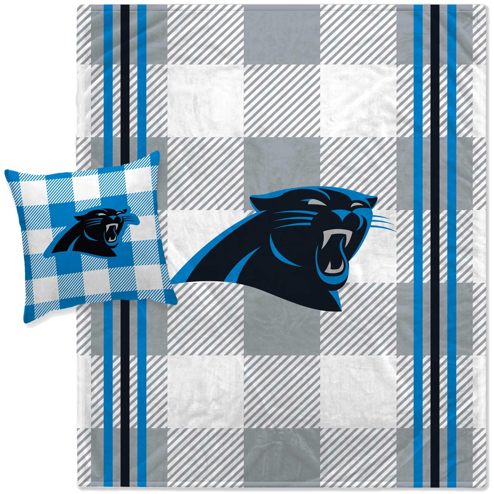 Pegasus - Carolina Panthers Gray Plaid Stripes Blanket and Pillow Combo Set - Multicolor