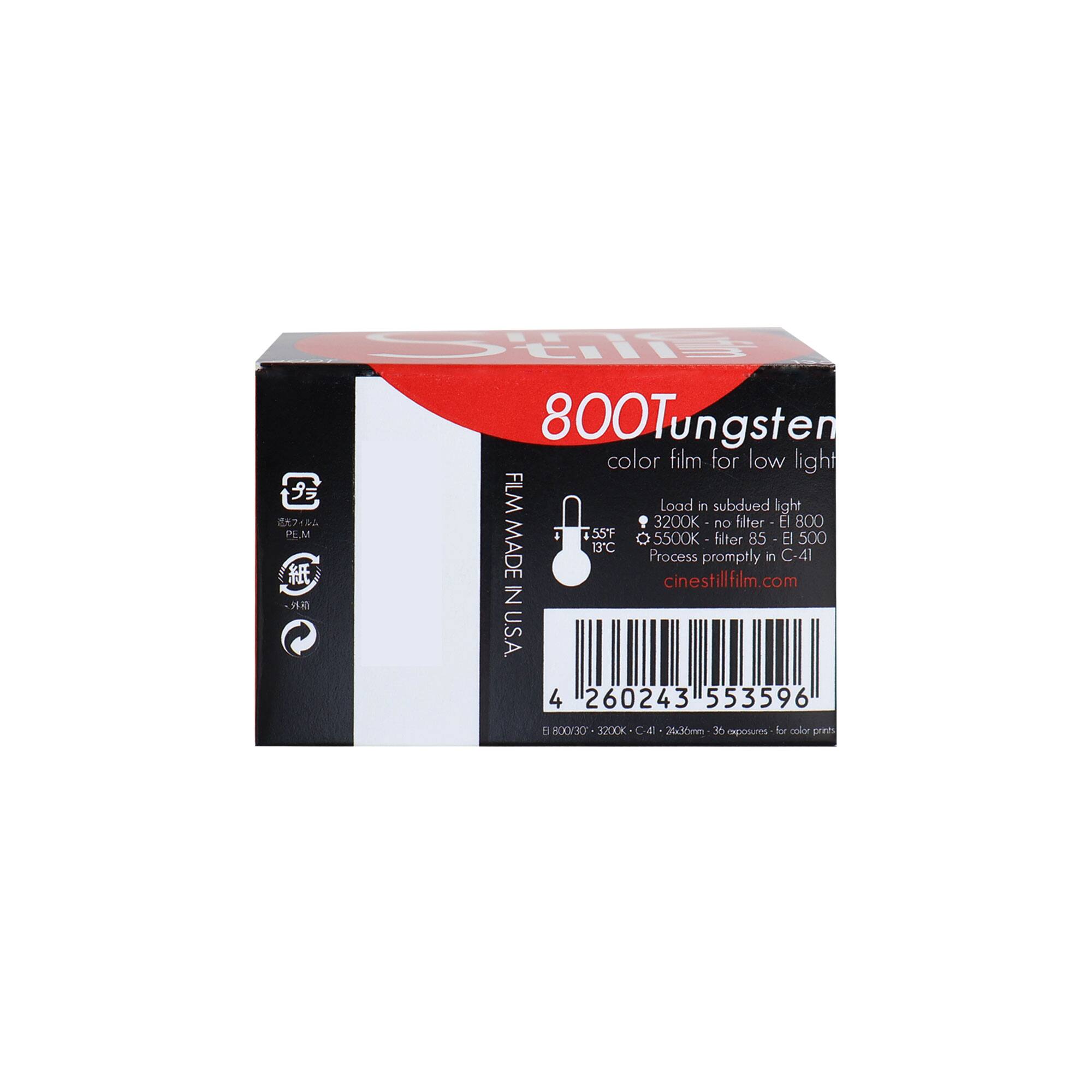 S 800T tungsten color film for low light  
FILM Load in subdued light  
4 3200K - no filter - El 800  
5500K - filter 85 - El 500  
Process promptly in C-41  
cinestillfilm.com  
MADE IN U.S.A.  
4 260243 553596  
800T 35mm - 3200K - C-41 - 36 exposures - for color print