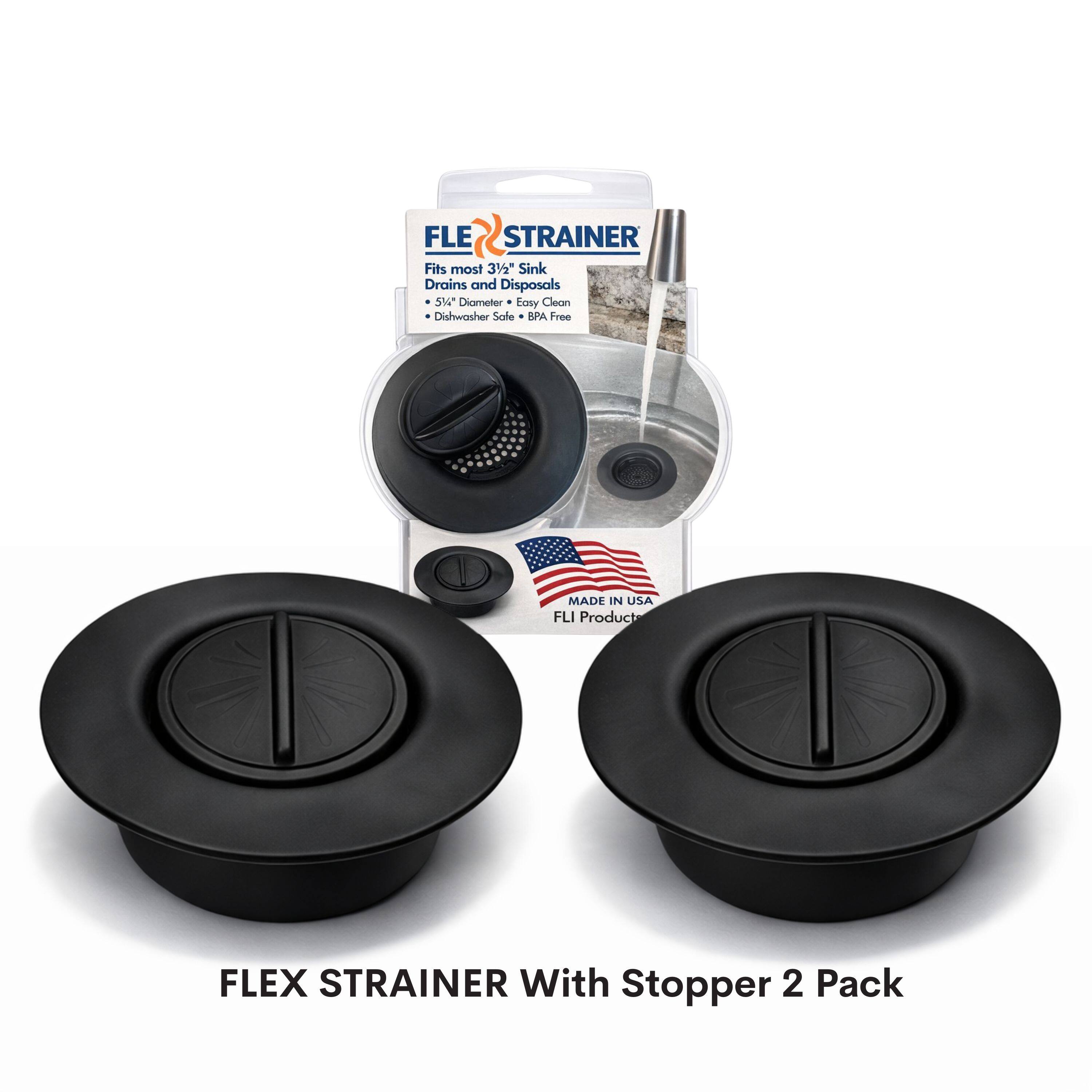 Flex Strainer - Sink Drain Strainer with Optional Stopper, No Center Stem, Fits 3½” Drains – 2PK - Black