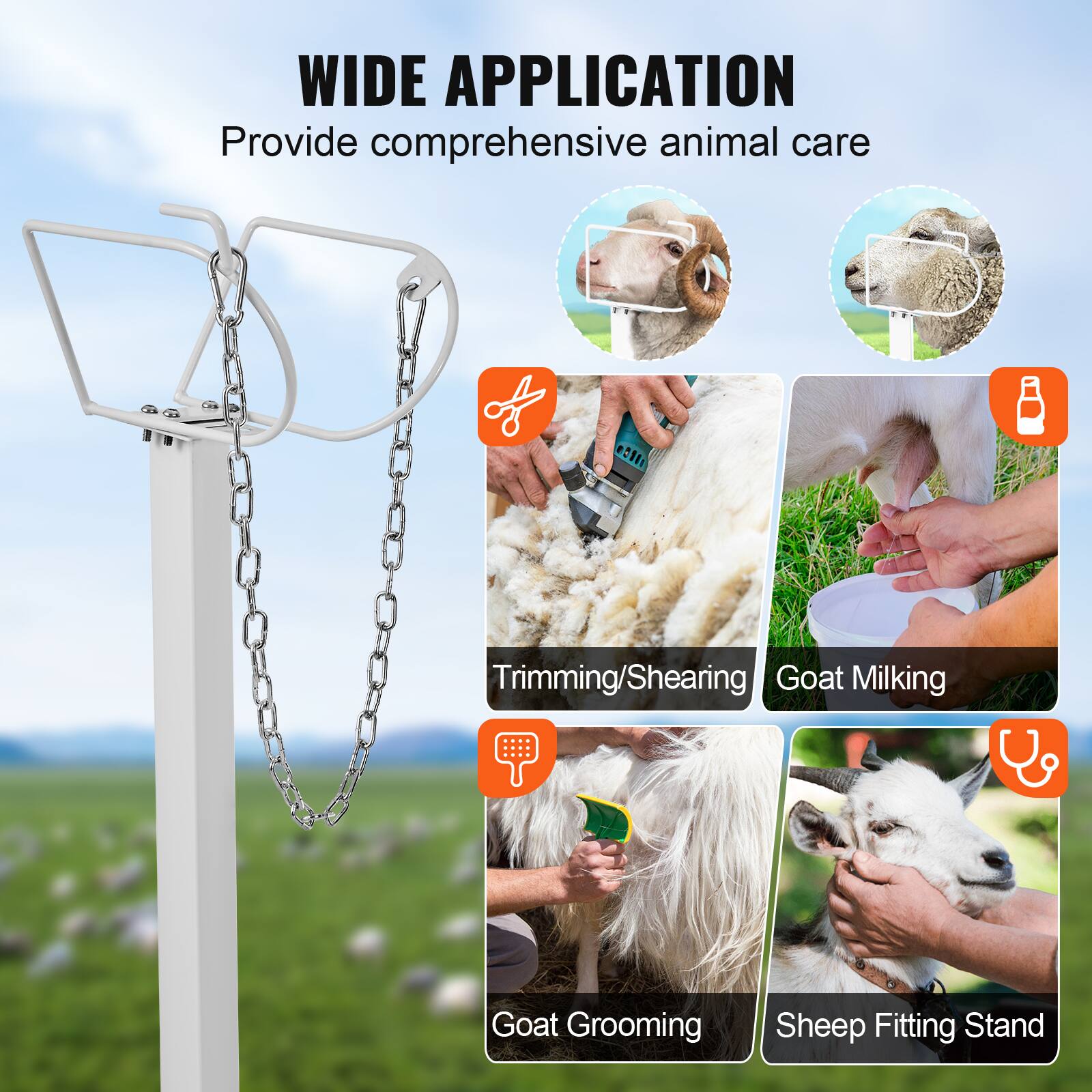 WIDE APPLICATION  
Provide comprehensive animal care

- Trimming/Shearing
- Goat Milking
- Goat Grooming
- Sheep Fitting Stand
