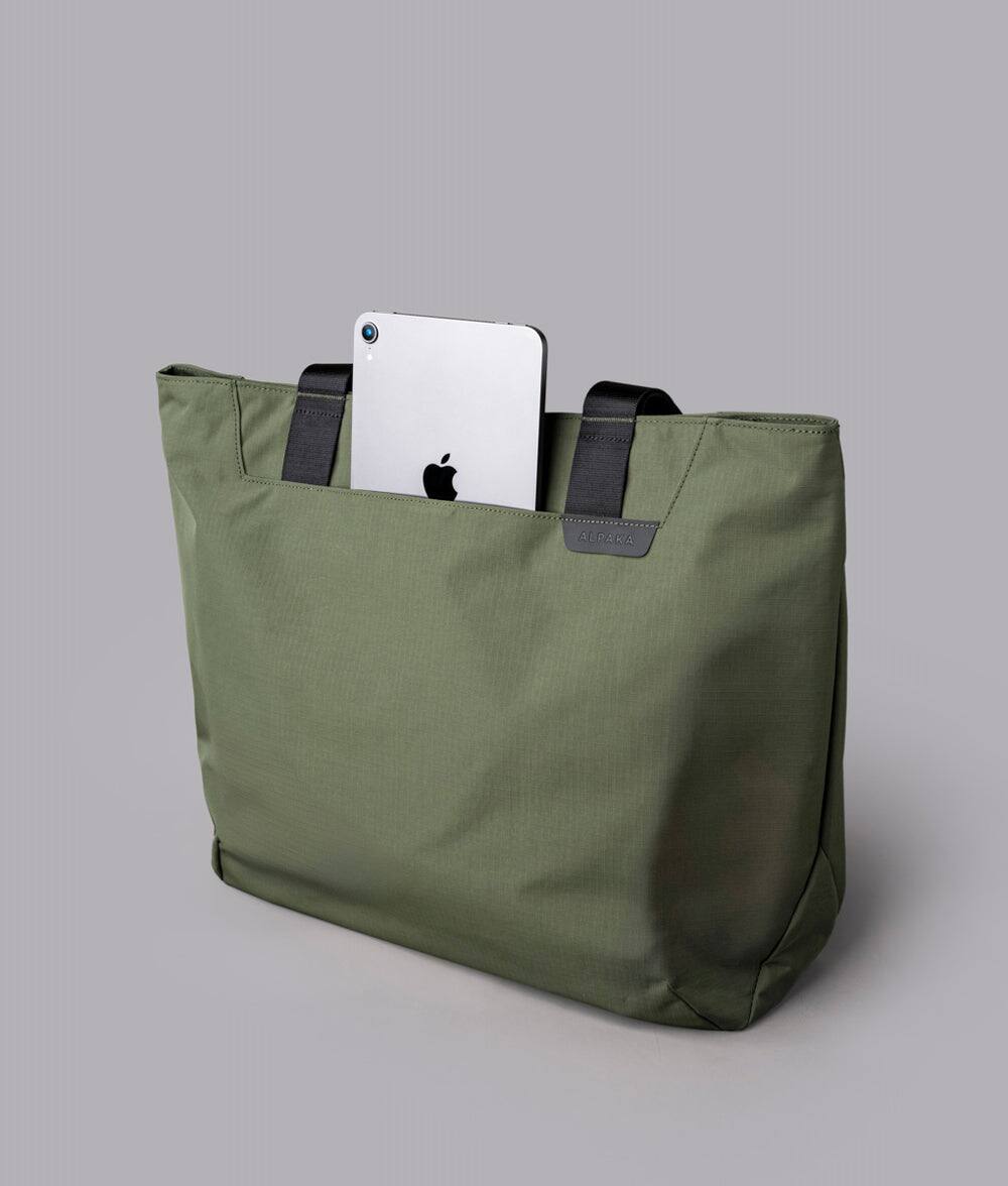 Alt View 7. ALPAKA - Elements Tote 20L Laptop Tote Bag with Padded 16" Sleeve,Open Top with Magnetic Closure - Green Axoflux 210D.