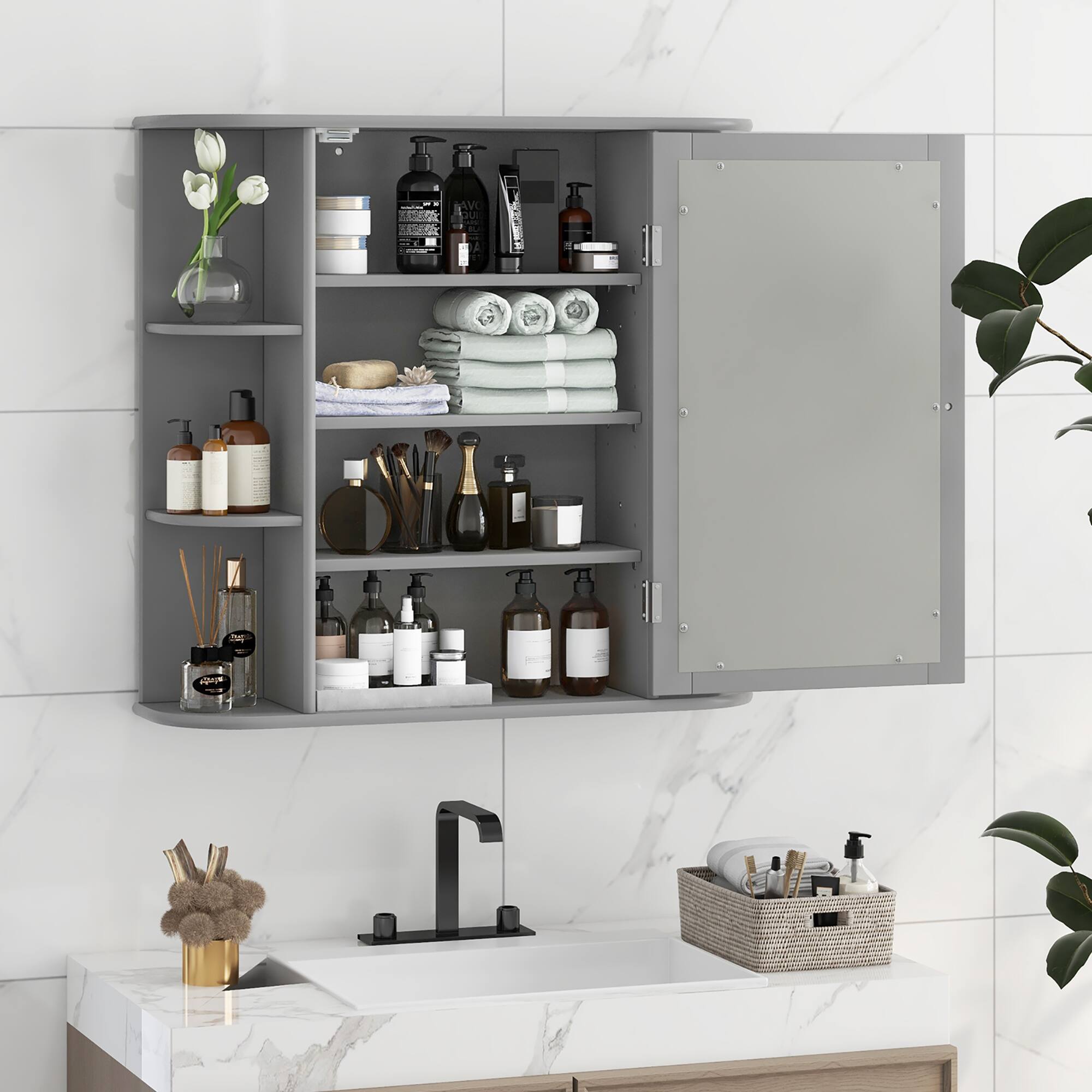 Alt View 2. Gymax - Gymax Wall Mounted Medicine Storage Cabinet Bathroom Organizer Cupboard W/Mirror Gray - Gray.