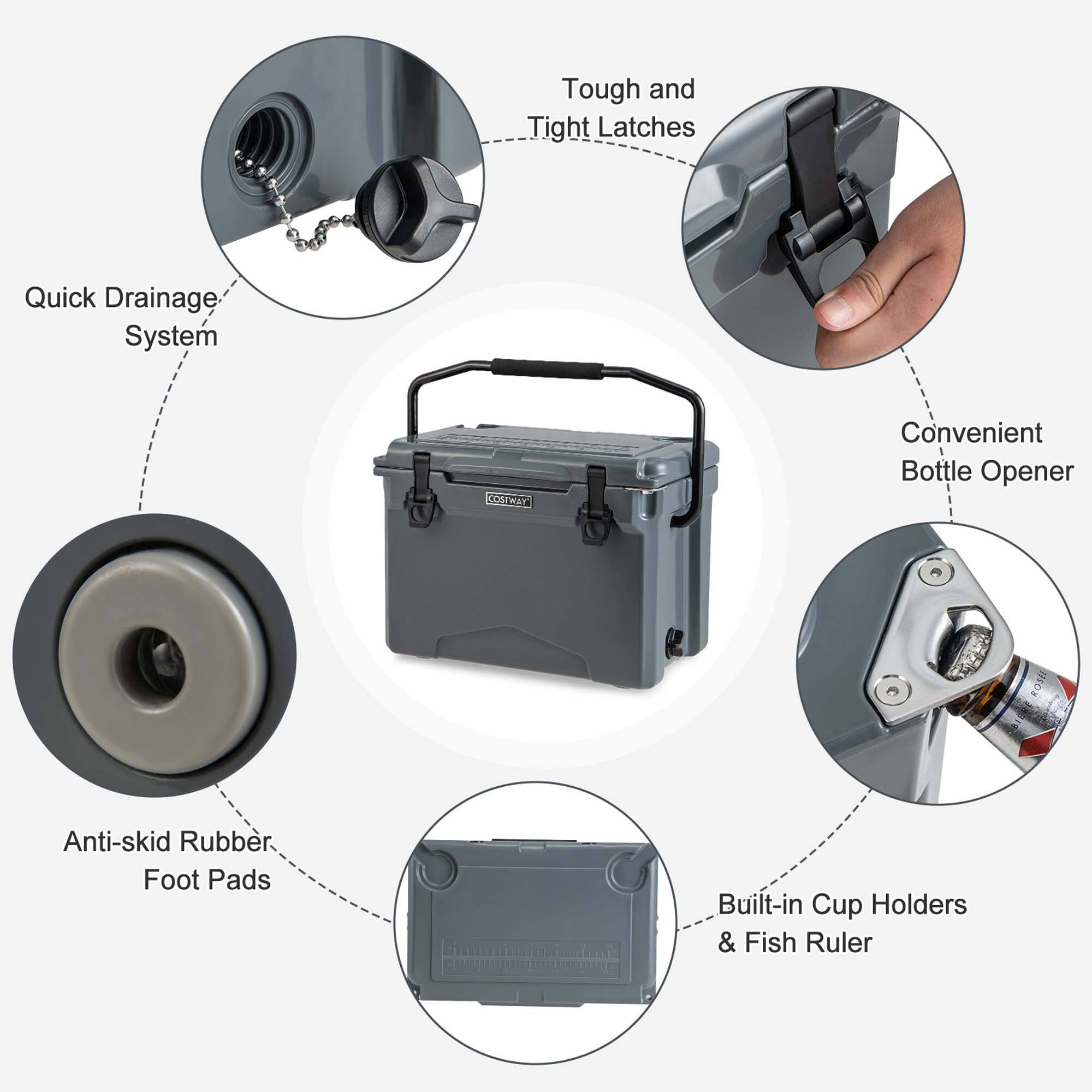 Tough and Tight Latches  
Quick Drainage System  
Convenient Bottle Opener  
Anti-skid Rubber Foot Pads  
Built-in Cup Holders & Fish Ruler