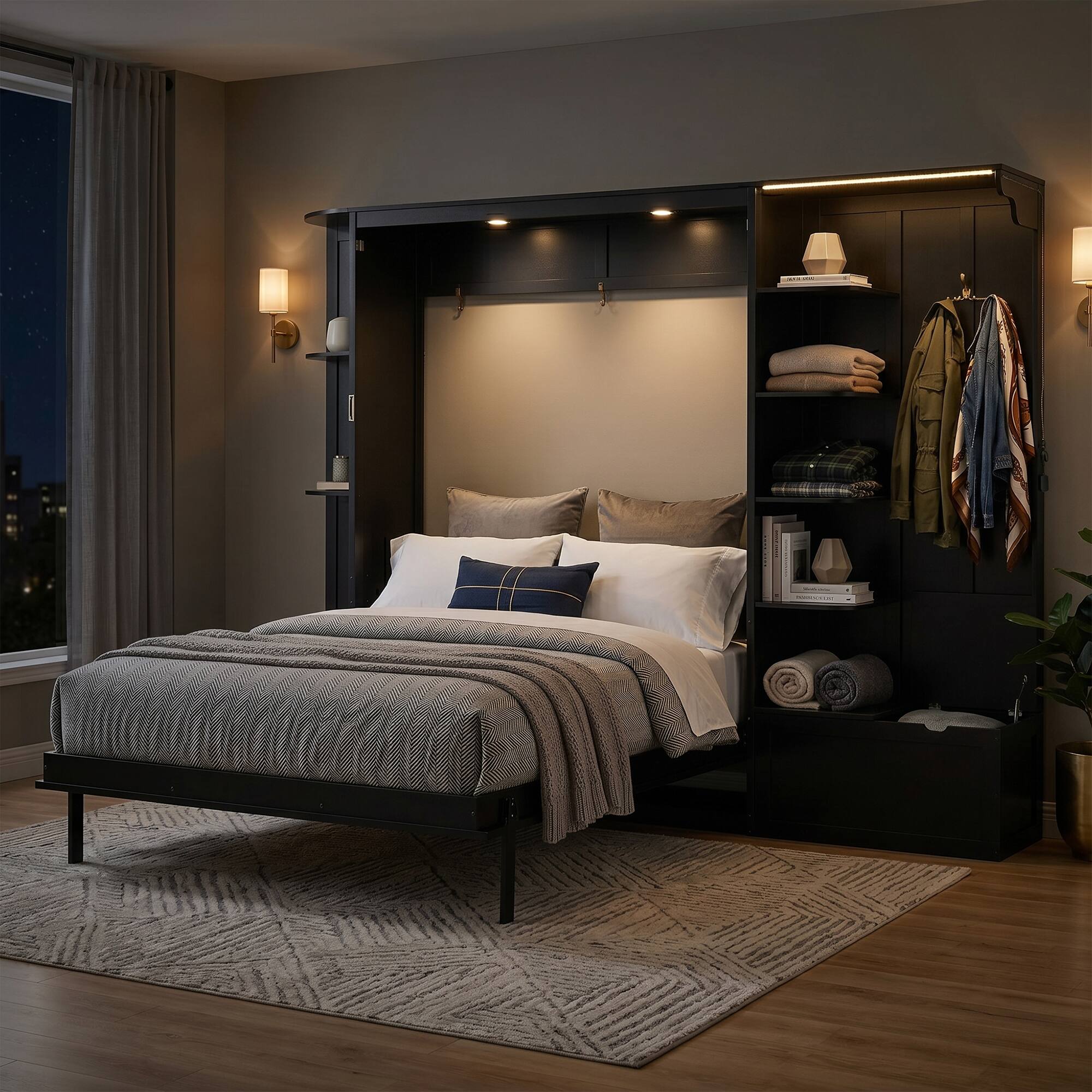 Angle. Whisen - Queen Murphy Bed with Desk Storage & LED Lights, Space-Saving Wall Bed for Guest Room & Home Office - Black.