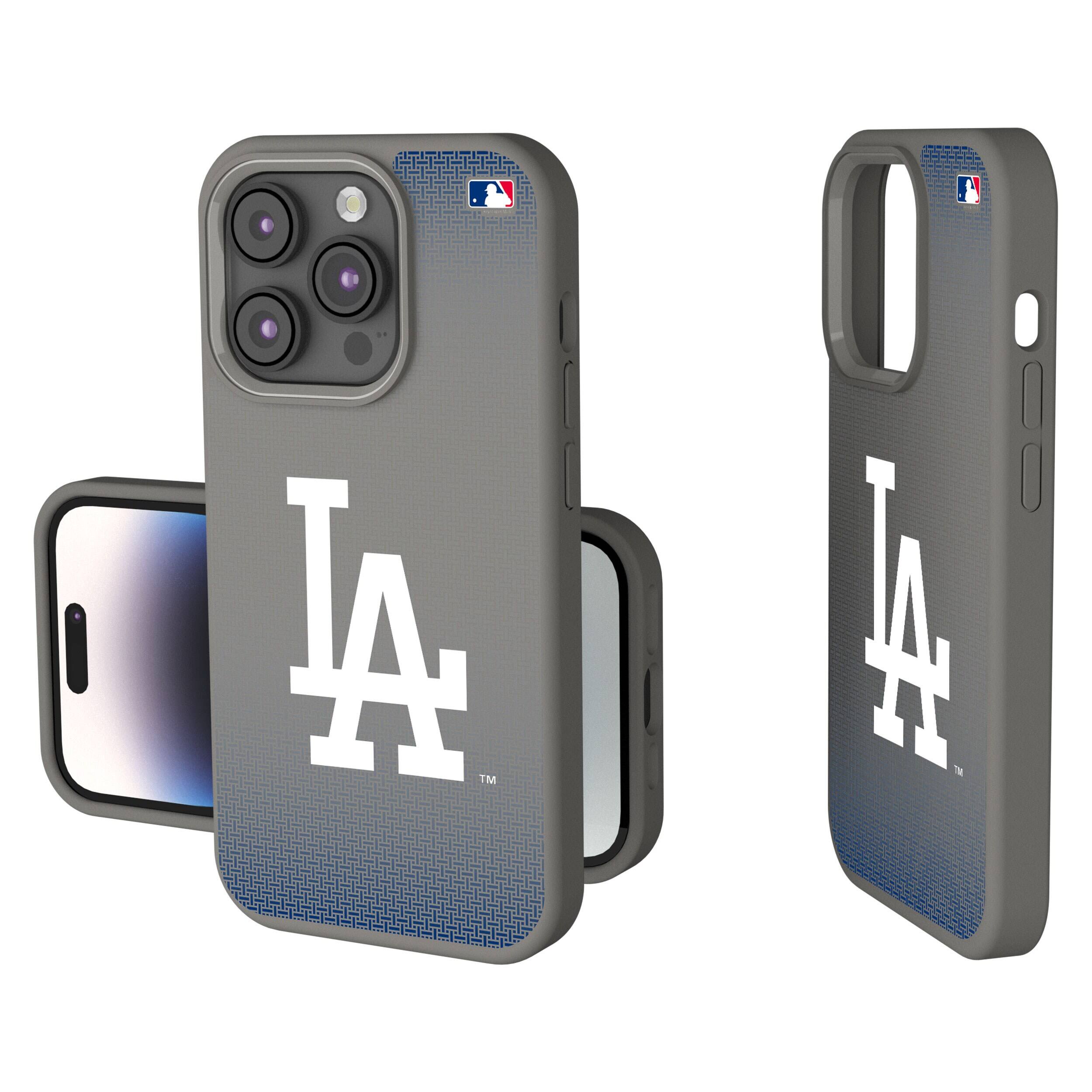 Front. Keyscaper - Los Angeles Dodgers Linen Logo iPhone Soft Touch Case - 15 Plus - Gray.