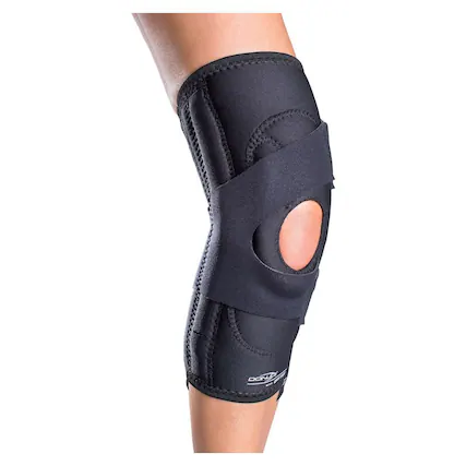 Front. DonJoy - DonJoy Lateral J Patella Knee Support Brace with Hinge: Drytex, Left Leg, Large - Black.