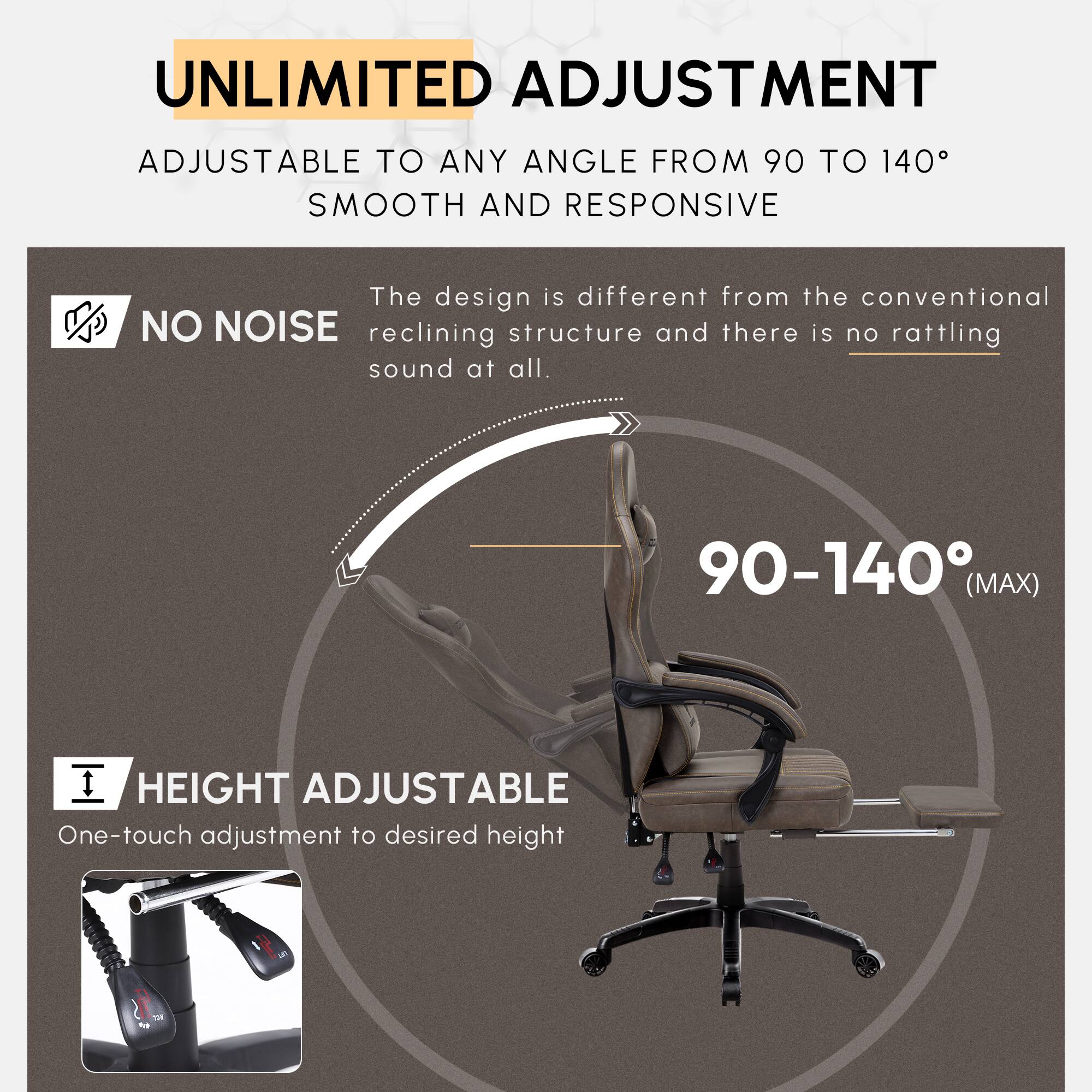 UNLIMITED ADJUSTMENT  
ADJUSTABLE TO ANY ANGLE FROM 90 TO 140°  
SMOOTH AND RESPONSIVE  

The design is different from the conventional reclining structure and there is no rattling sound at all.  

NO NOISE  

90-140° (MAX)  

HEIGHT ADJUSTABLE  
One-touch adjustment to desired height