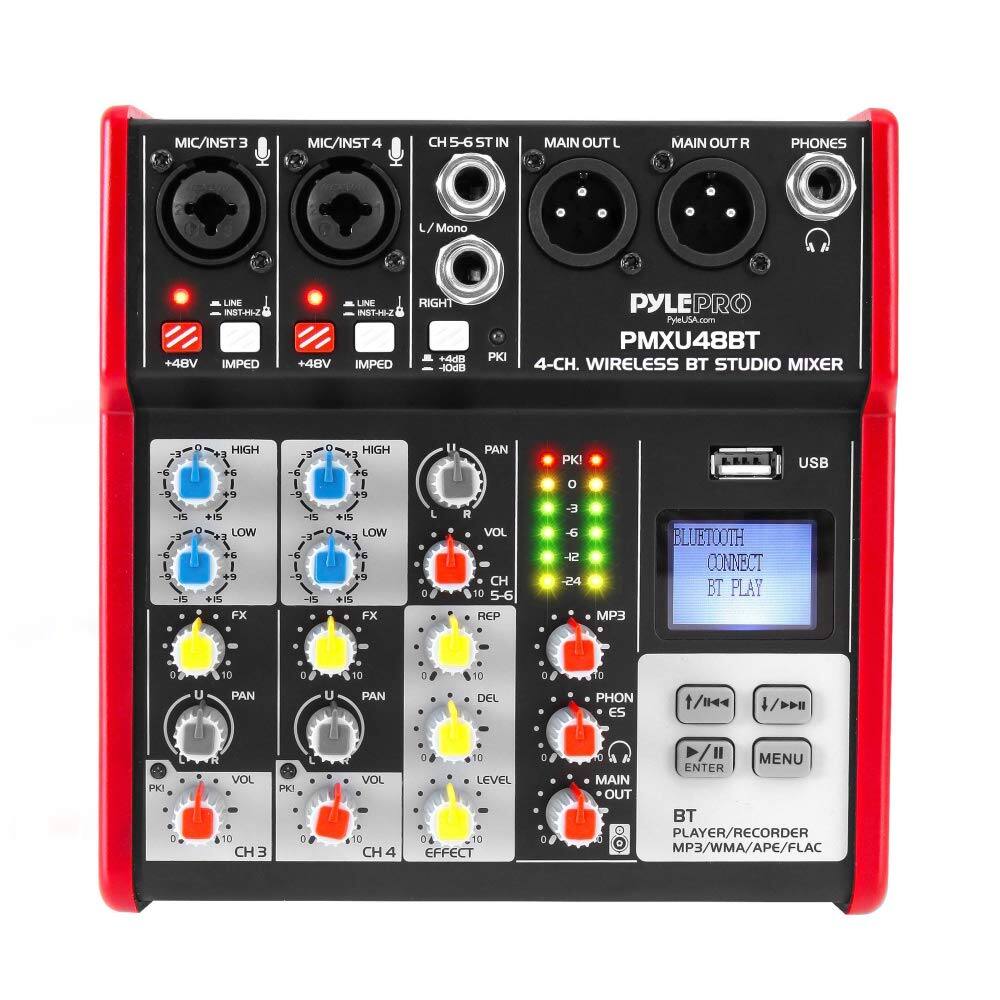 MIC/INST 3  
MIC/INST 4  
CH 5-6 ST  
MAIN OUT L  
MAIN OUT R  
PHONES  

LINE INST+62  
IMPED +48V  
LINE INST-H2  
IMPED  

RIGHT  
+40V  
LINE  

PYLE PRO  
PMXU48BT  
4-CH. WIRELESS BT STUDIO MIXER  

HIGH  
LOW  
FX  
PAN  
VOL  
REPEAT  
DELAY  
LEVEL  
EFFECT  

USB  
BLUETOOTH CONNECT  
BT PLAY  

MP3/WMA/APE/FLAC  
PLAYER/RECORDER  

BT  
PLAYER/RECORDER  
MP3/WMA/APE/FLAC