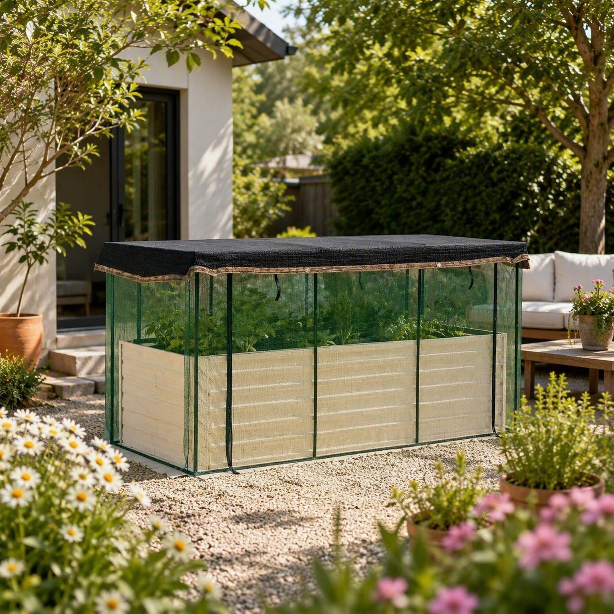 Left. RYHNUYNE - Galvanized Steel Raised Garden Bed with Crop Cage and Shade Cloth, 90.5x43.25x43.25 Inch, Beige Planter - Beige.