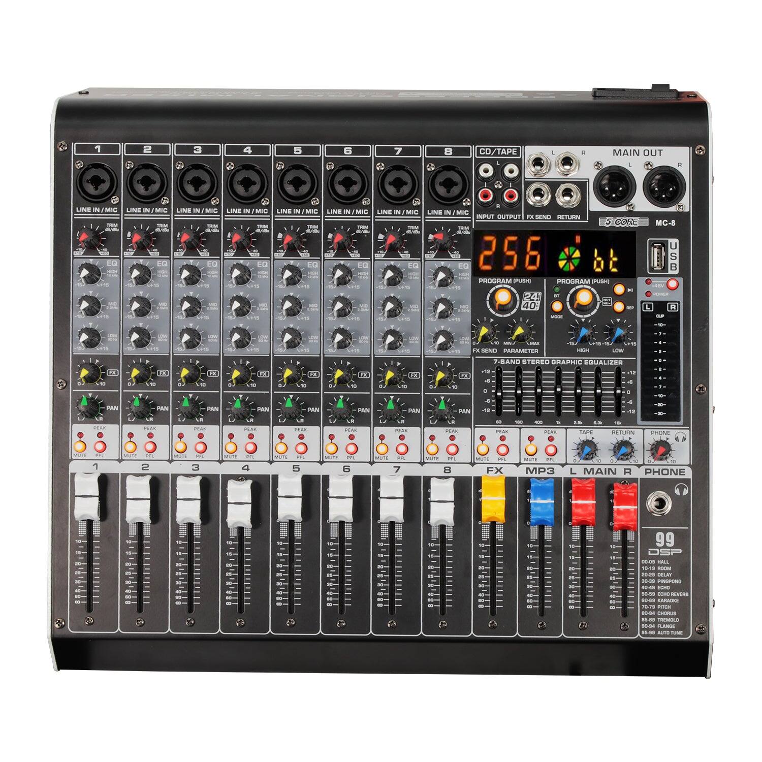 5 CORE - Audio Mixer 8 Channel DJ Soundboard USB Interface Bluetooth Mixing Console w 99 DSP Effect
