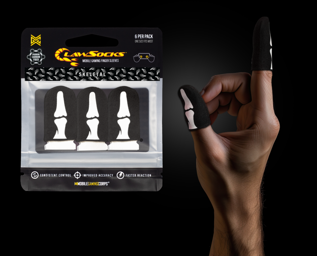 6 PER PACK  
ONE SIZE FITS MOST  

LAW SOCKS  
MOBILE GAMING FINGER SLEEVES  

SKELETAL  

CONSISTENT CONTROL  
IMPROVED ACCURACY  
FASTER REACTION  

MOBILEGAMINGCORPS