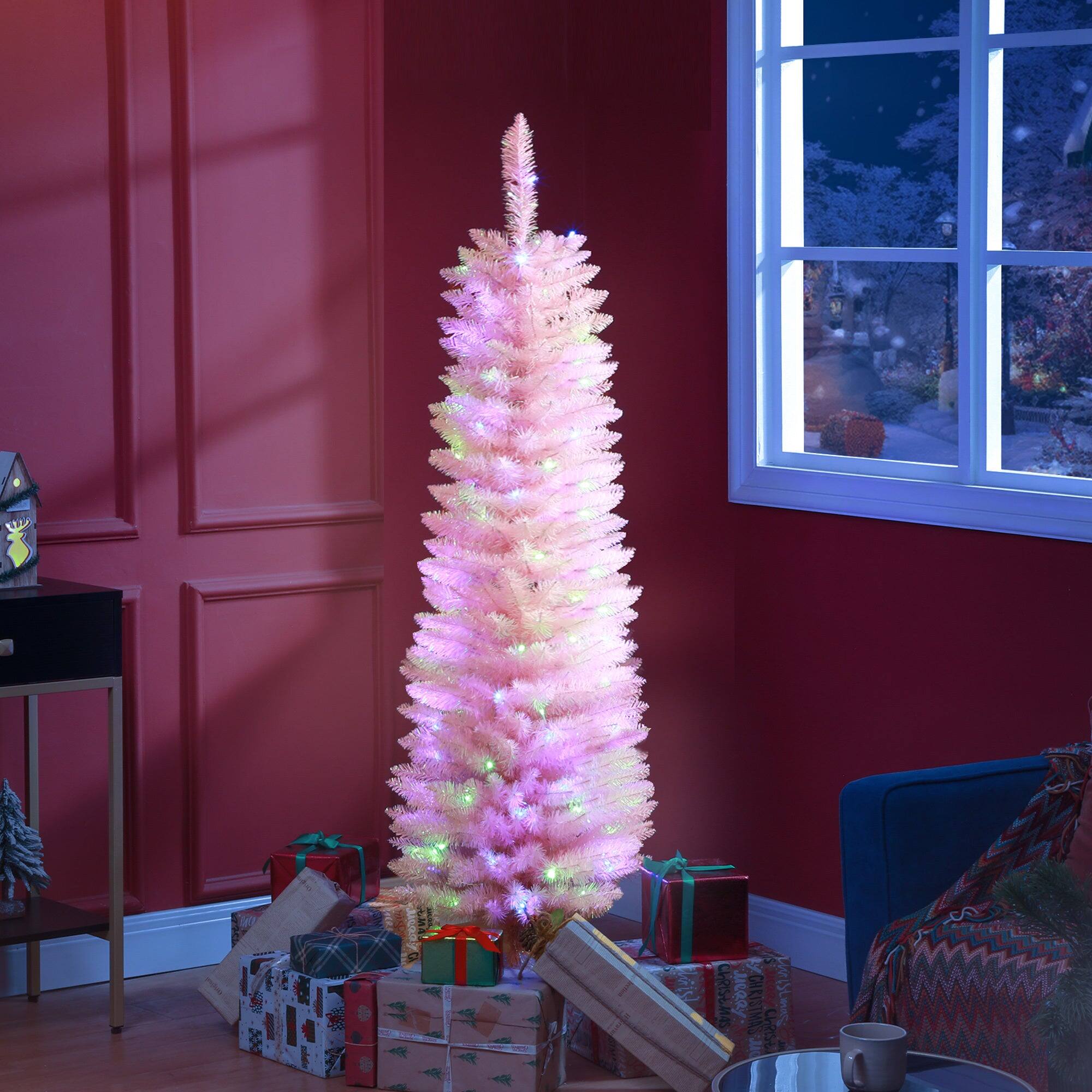 Angle. BreeBe - 5ft Tall Pencil Prelit Artificial Christmas Tree Holiday DÃ©cor with 250 Colorful Surface Branches - Pink.