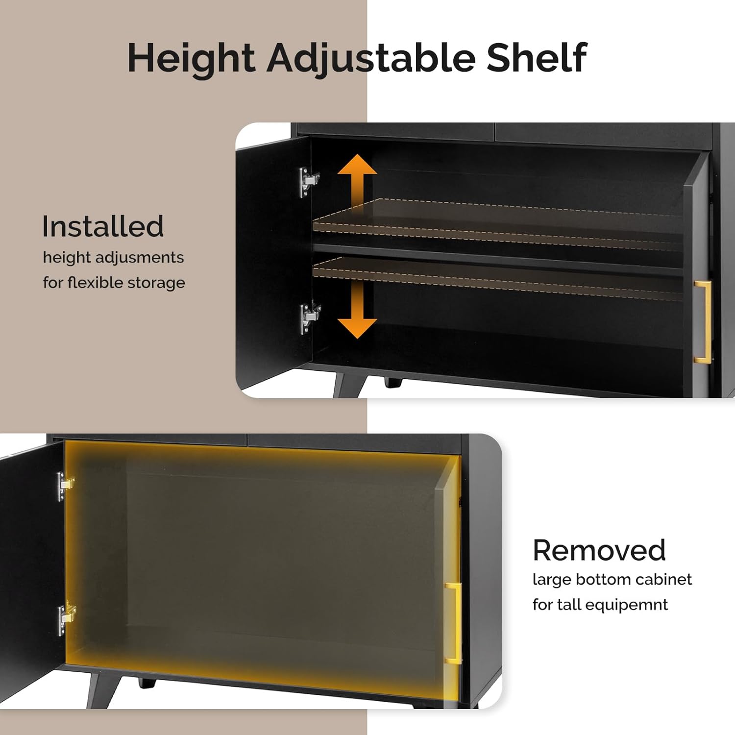 Height Adjustable Shelf

Installed height adjustments for flexible storage

Removed large bottom cabinet for tall equipment