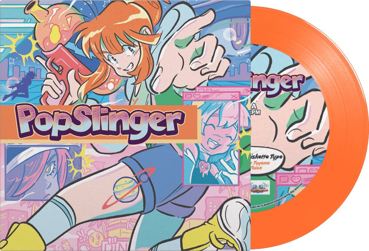 PopSinger is a Japanese anime show. The image features a woman with a gun, and there is a PopSinger poster in the background. The poster is orange and has a PopSinger logo on it. The woman is posing for a picture, and there is a handbag nearby. The scene is set in a city, and there is a car visible in the background.