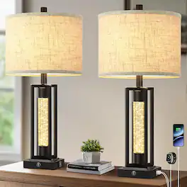 Nordic Hygge - 26’’ Farmhouse Table Lamps for Living Room with Crystal Night Light Set of 2, Modern Nightstand Lamps with 2 USB Ports - Beige