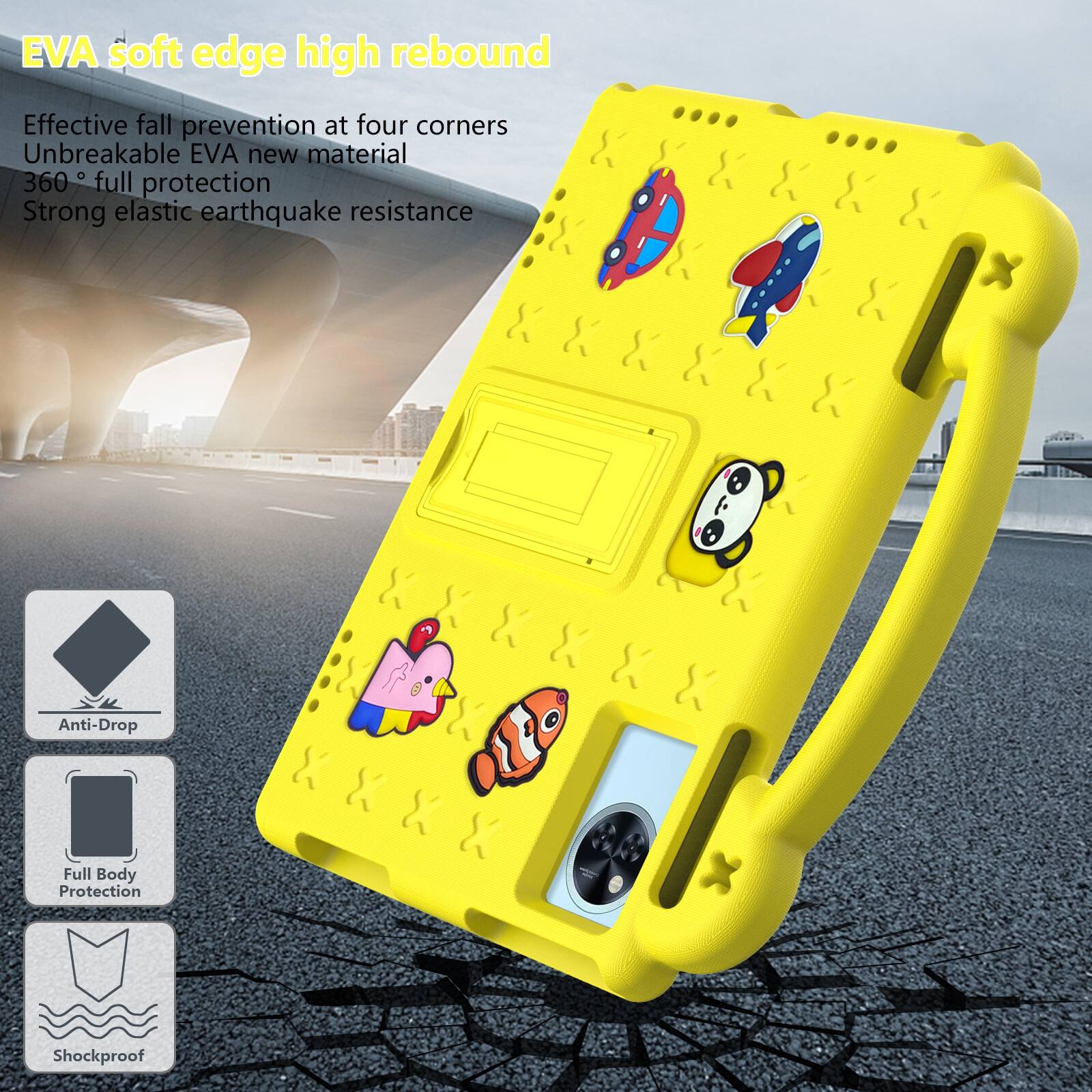 EVA soft edge high rebound  
Effective fall prevention at four corners  
Unbreakable EVA new material  
360° full protection  
Strong elastic earthquake resistance  

Anti-Drop  
Full Body Protection  
Shockproof