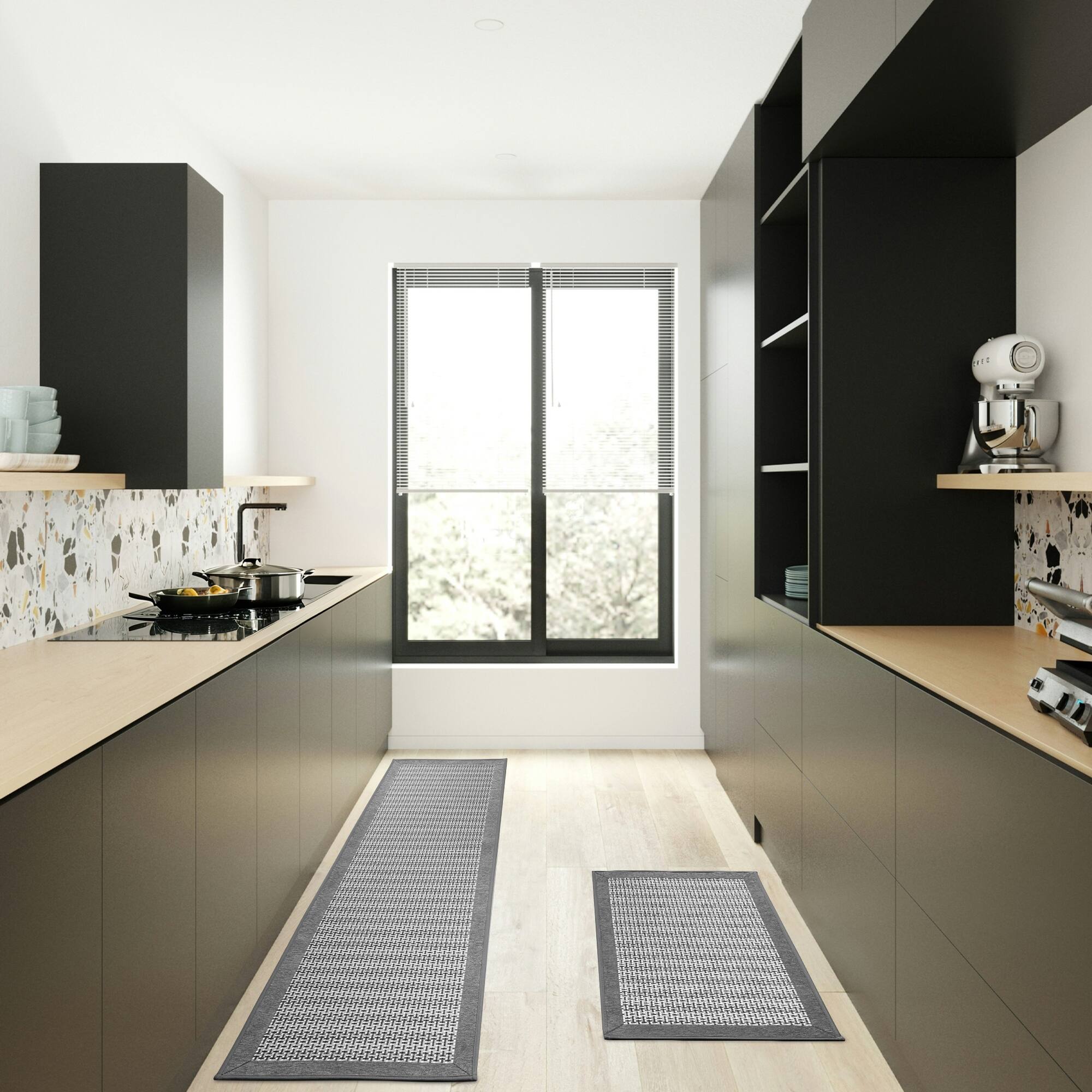 Left. Dazzed Corner - Non Slip Kitchen Rugs Sets Of 2 - Extra Large 20"X71" + 20"X32" Runner Rugs For Kitchen Floor Non Skid Washable - Grey.