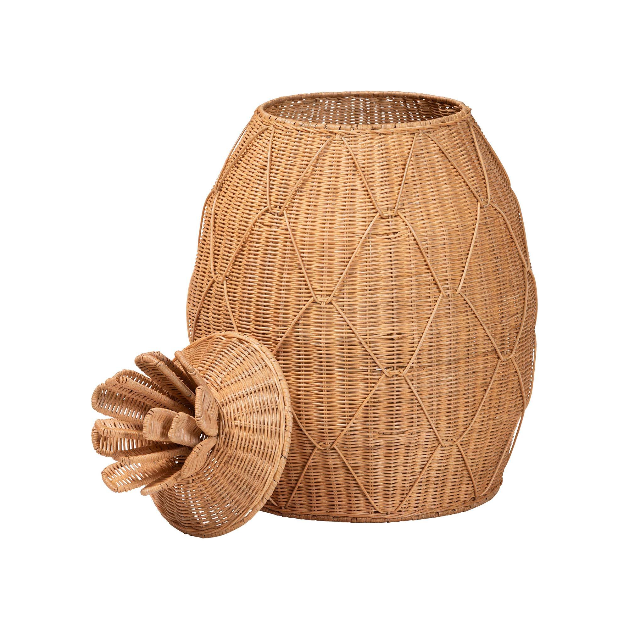 Angle. bali & pari - Pelham Natural Rattan Laundry Hamper - Handwoven Wicker Storage Basket for Laundry Room, Large - Light Honey.