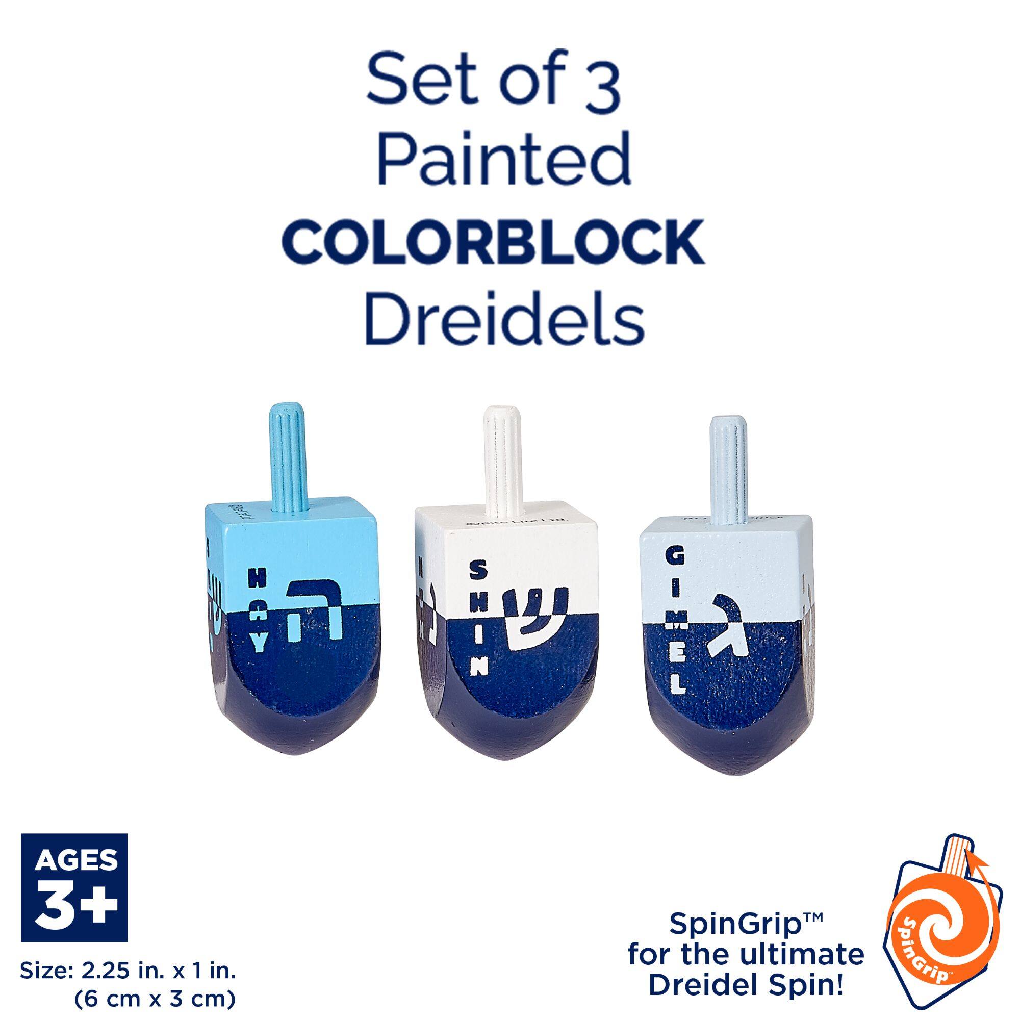 Set of 3 Painted COLORBLOCK Dreidels

AGES 3+

Size: 2.25 in. x 1 in. (6 cm x 3 cm)

SpinGrip™ for the ultimate Dreidel Spin!