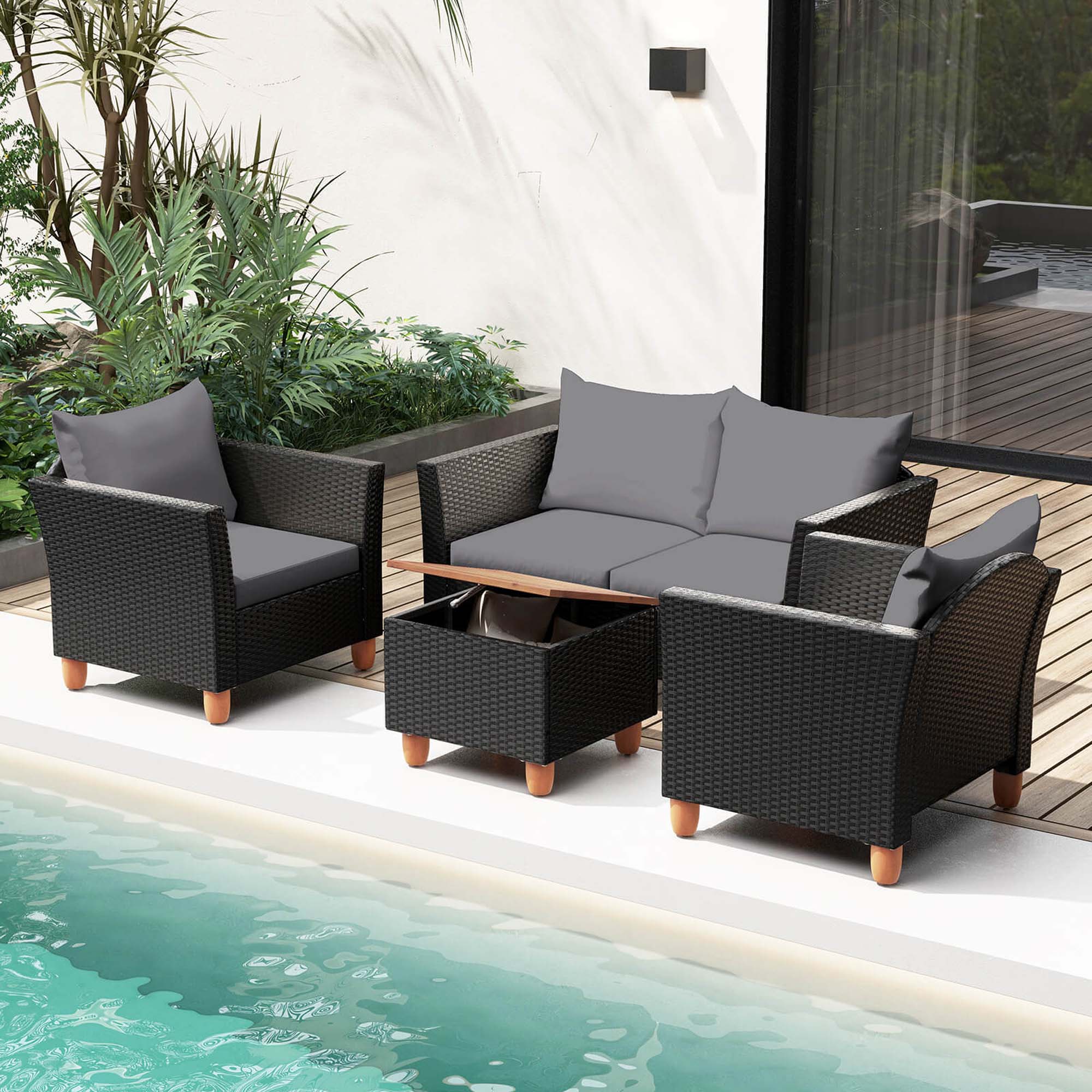 Alt View 1. Costway - 4 PCS Wicker Patio Furniture Set with Removable Cushions Storage Coffee Table - Gray,Black.