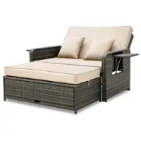 Costway Wicker Loveseat Sofa Set Patio Rattan Daybed with Ottoman & Retractable Side Tray - Brown + Mix Gray - Front_Zoom