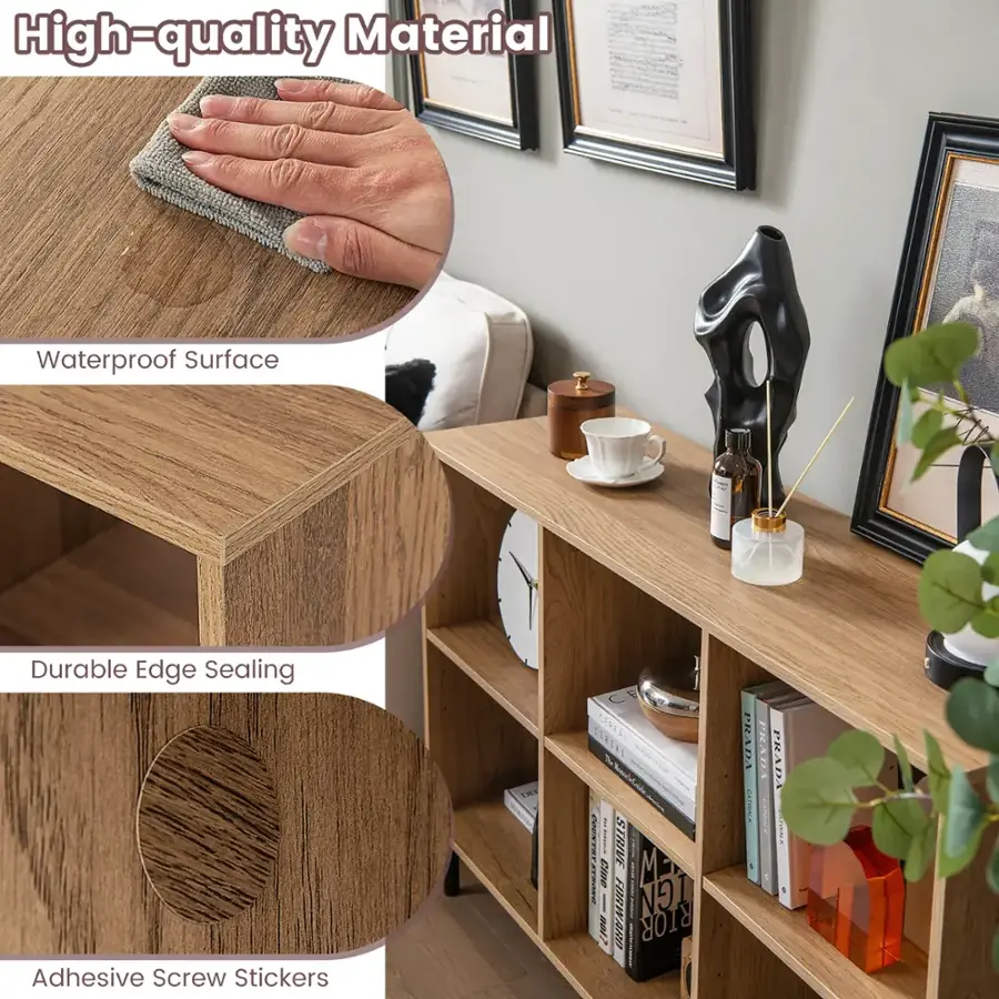 The text on the image is grouped and corrected as follows:

High-quality Material Waterproof Surface Durable Edge Sealing Adhesive Screw Stickers

This text describes the features of the material used in the furniture, which includes a waterproof surface, durability, and edge sealing. The adhesive screw stickers are also a part of the material, providing additional functionality and strength.