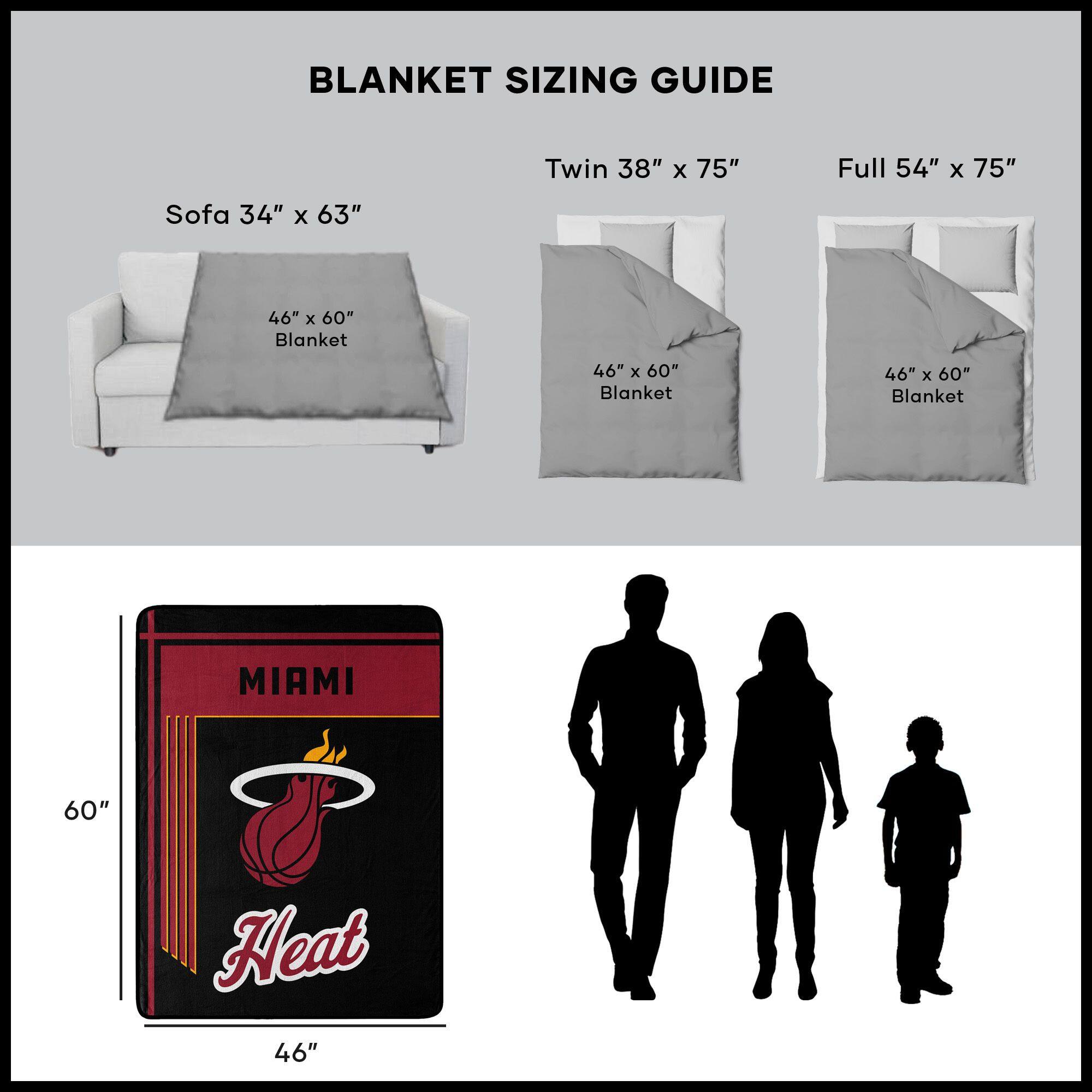 BLANKET SIZING GUIDE

Sofa 34" x 63"  
46" x 60" Blanket

Twin 38" x 75"  
46" x 60" Blanket

Full 54" x 75"  
46" x 60" Blanket

MIAMI Heat  
46" x 60"