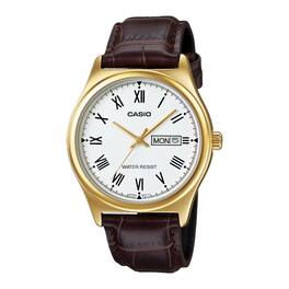 Casio - Men’s Gold-Tone Case Brown Leather Strap Watch - MTP-V006GL-7BUDF - Silver