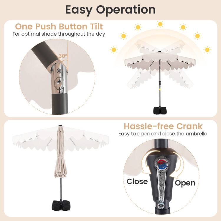 Easy Operation

One Push Button Tilt  
For optimal shade throughout the day

Hassle-free Crank  
Easy to open and close the umbrella

Close Open