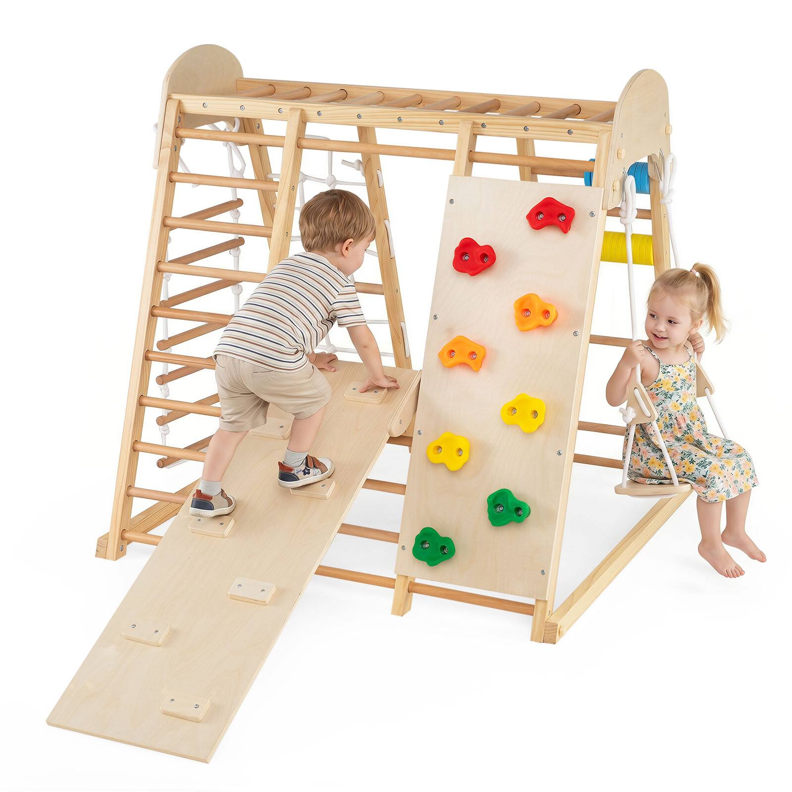 Alt View 9. Costway - Costway Indoor Jungle Gym for Kids 8-in-1 Montessori Climber Playset with Swing Monkey Bars - Natural.