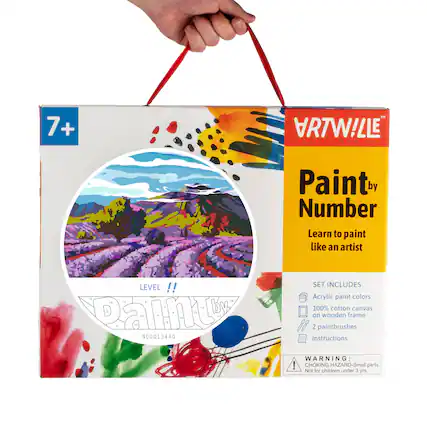 7+ Paint by Number Learn to paint like an artist LEVEL !! SET INCLUDES Acrylic paint colors 100% cotton canvas on wooden frame 2 paintbrushes Instructions WARNING: CHOKING HAZARD-Small parts. Not for children under 3 yrs