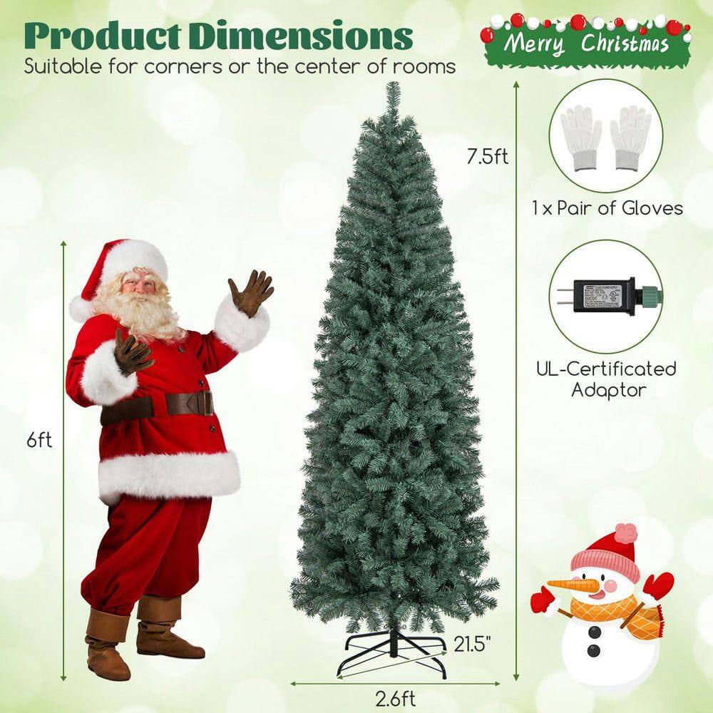 Product Dimensions  
Suitable for corners or the center of rooms  

Merry Christmas  

7.5ft  
6ft  
21.5"  
2.6ft  

1 x Pair of Gloves  
UL-Certificated Adaptor