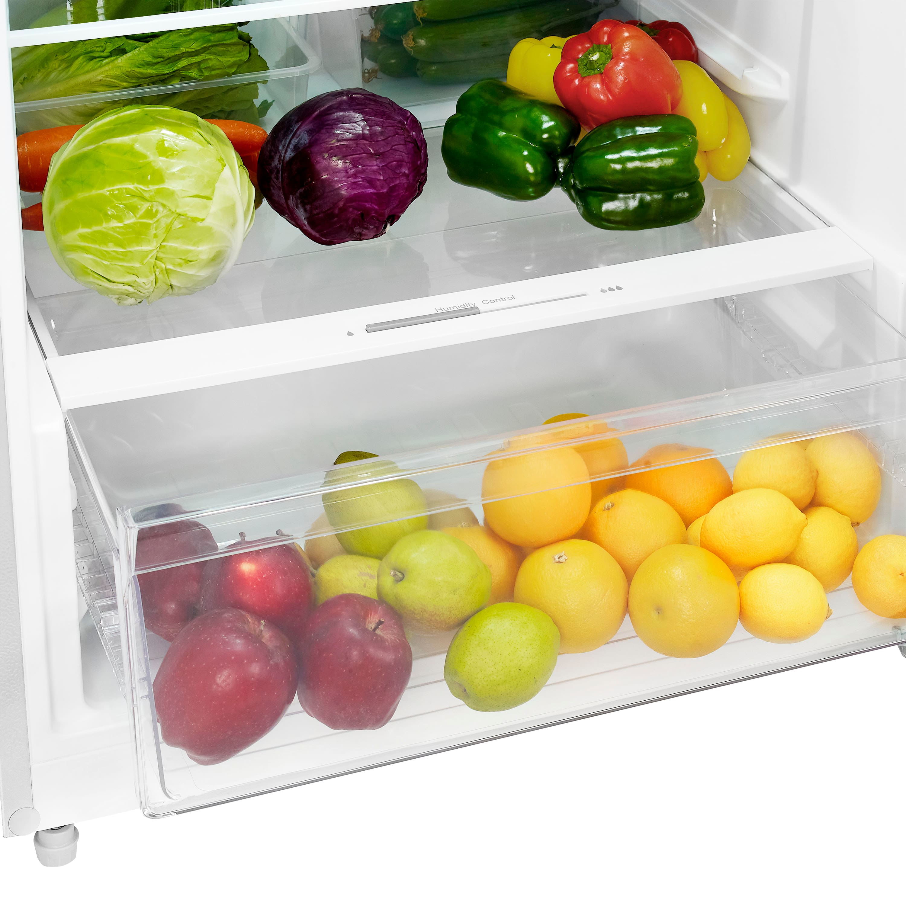 Containers of fruits and vegetables are in the refrigerator.