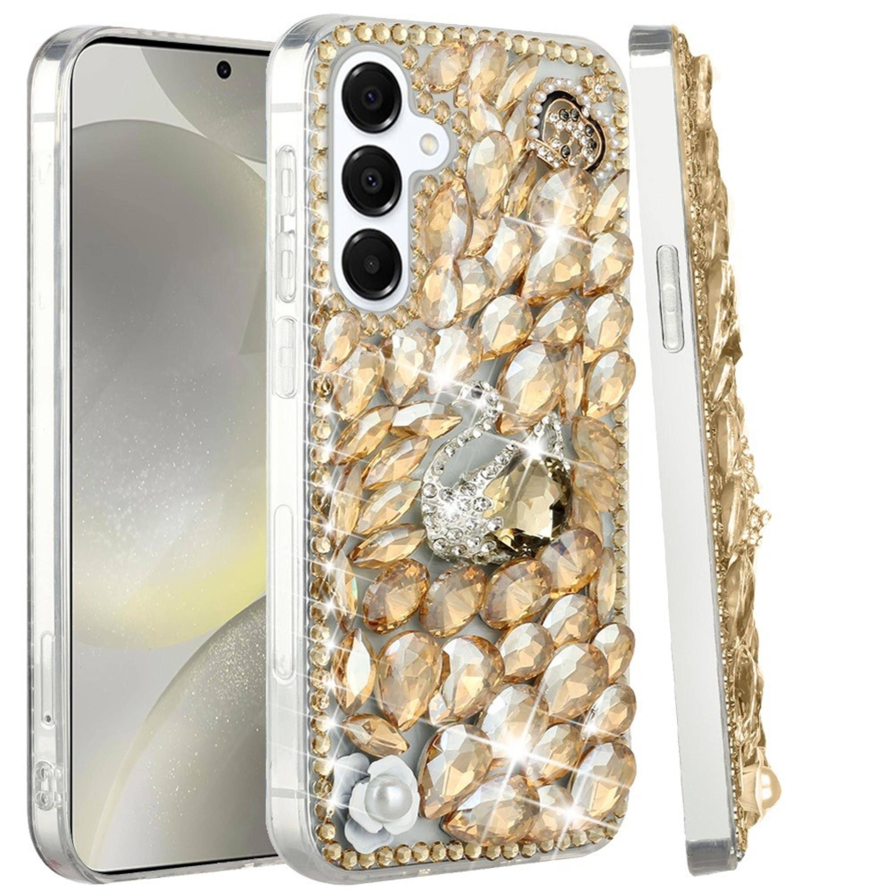 Angle. Kitcheniva - Full Diamond Bling Cover 3D Jewels Plus Tempered Glass For Samsung  S25/S24 Gold Swan Crown Pearl - Multicolor.