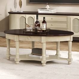 Lirago - 45" Vintage Oval Coffee Table French Country Style Cherry Finish with Drawer Lower Storage Shelf - Beige